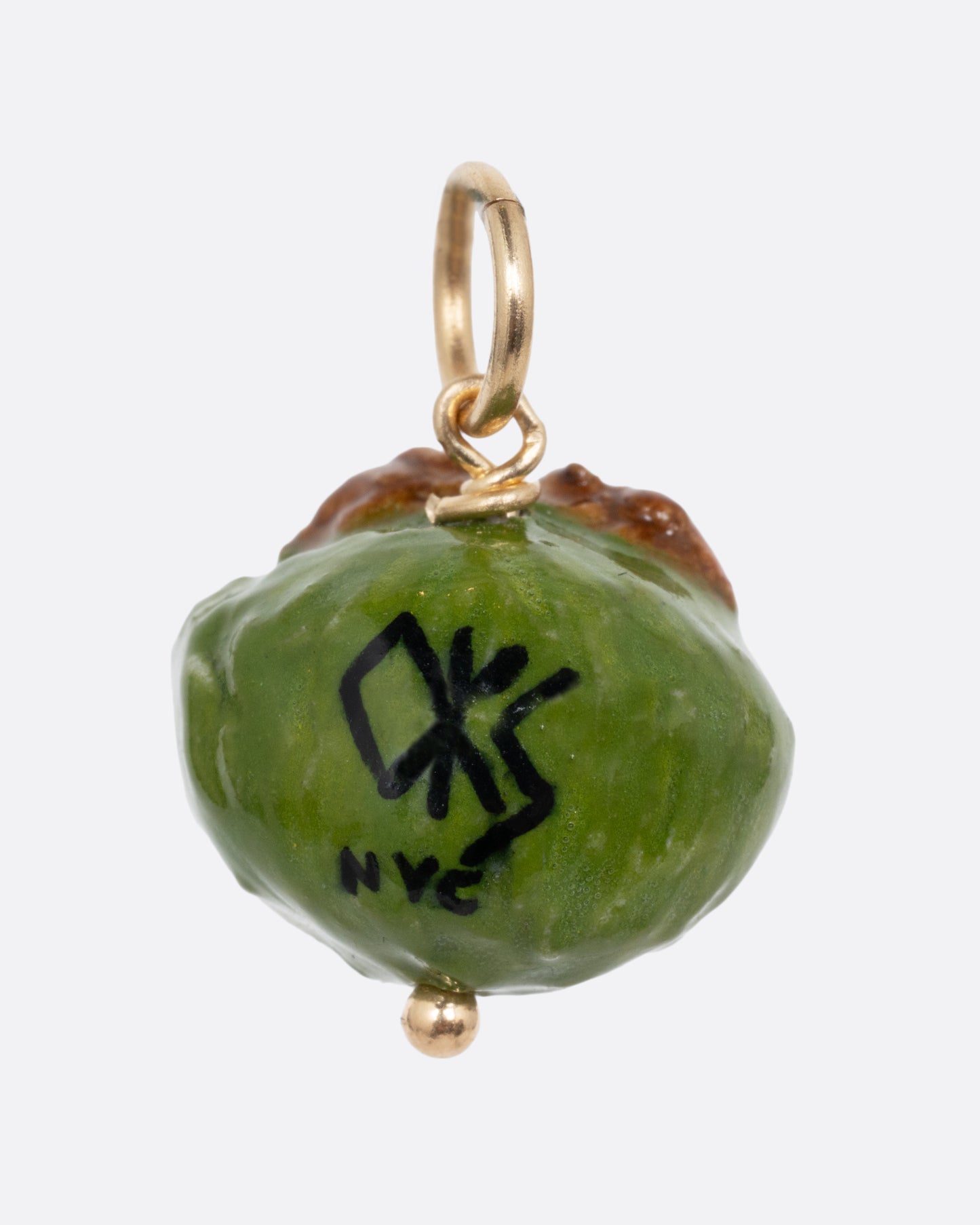 A green Oscar the Grouch porcelain charm with a yellow gold bail. Shown from the back.