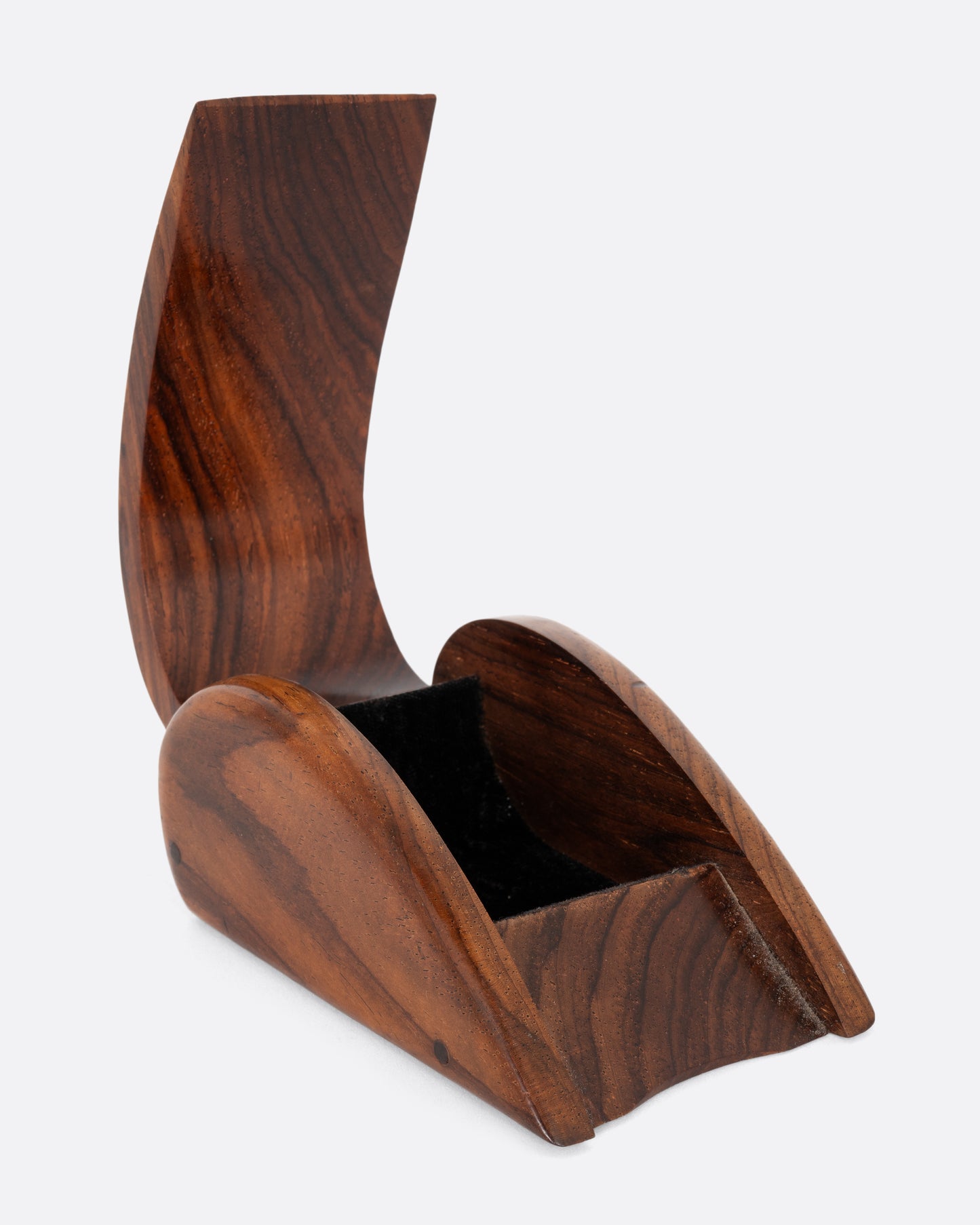A curved wooden box with a velvet- lined interior. Shown open from the front.