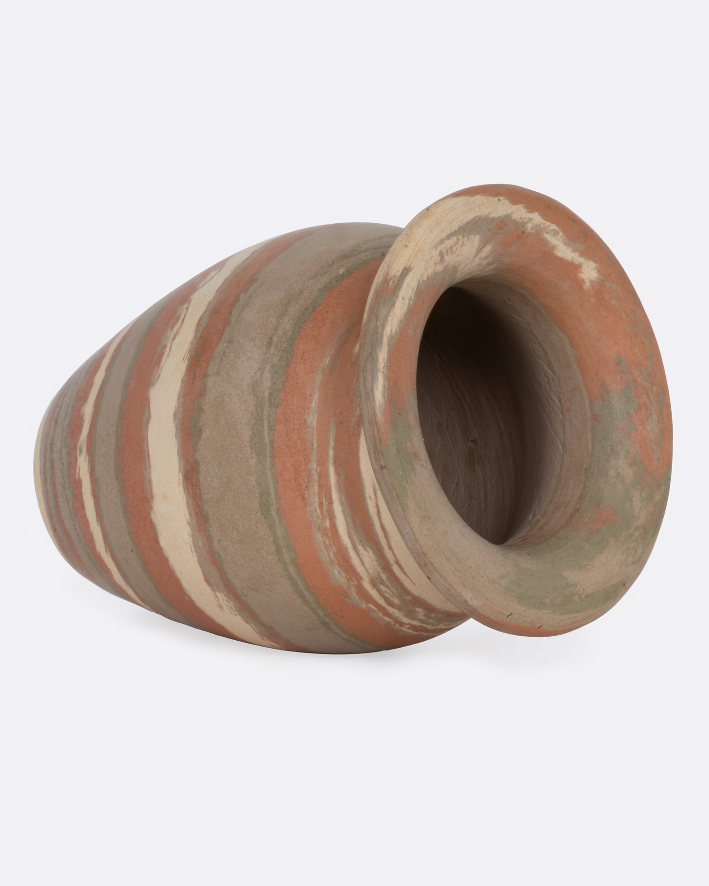 A bud vase with brown, cream, and umber swirls, shown from the side.