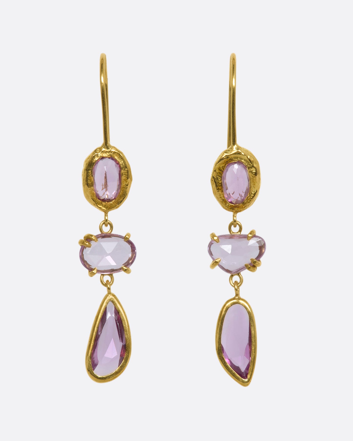 Yellow gold three tier drops with pink sapphires. View from the front.