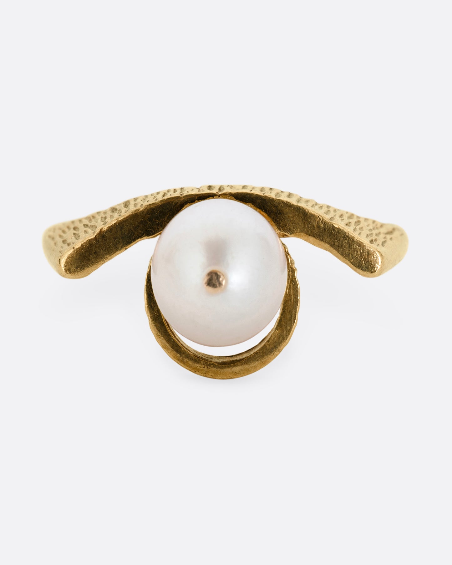 A yellow gold ring with a white pearl shown from the front.