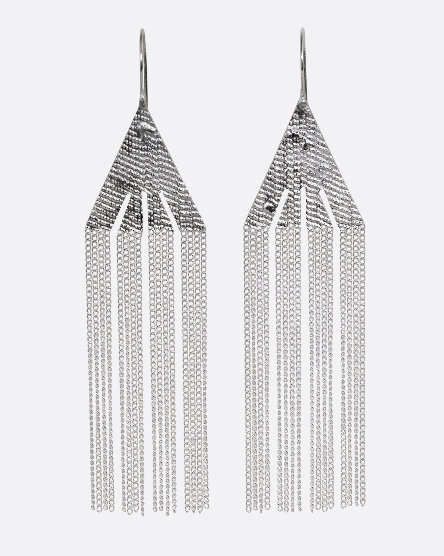 A pair of silver fringe earrings with triangular tops. Shown from the front.