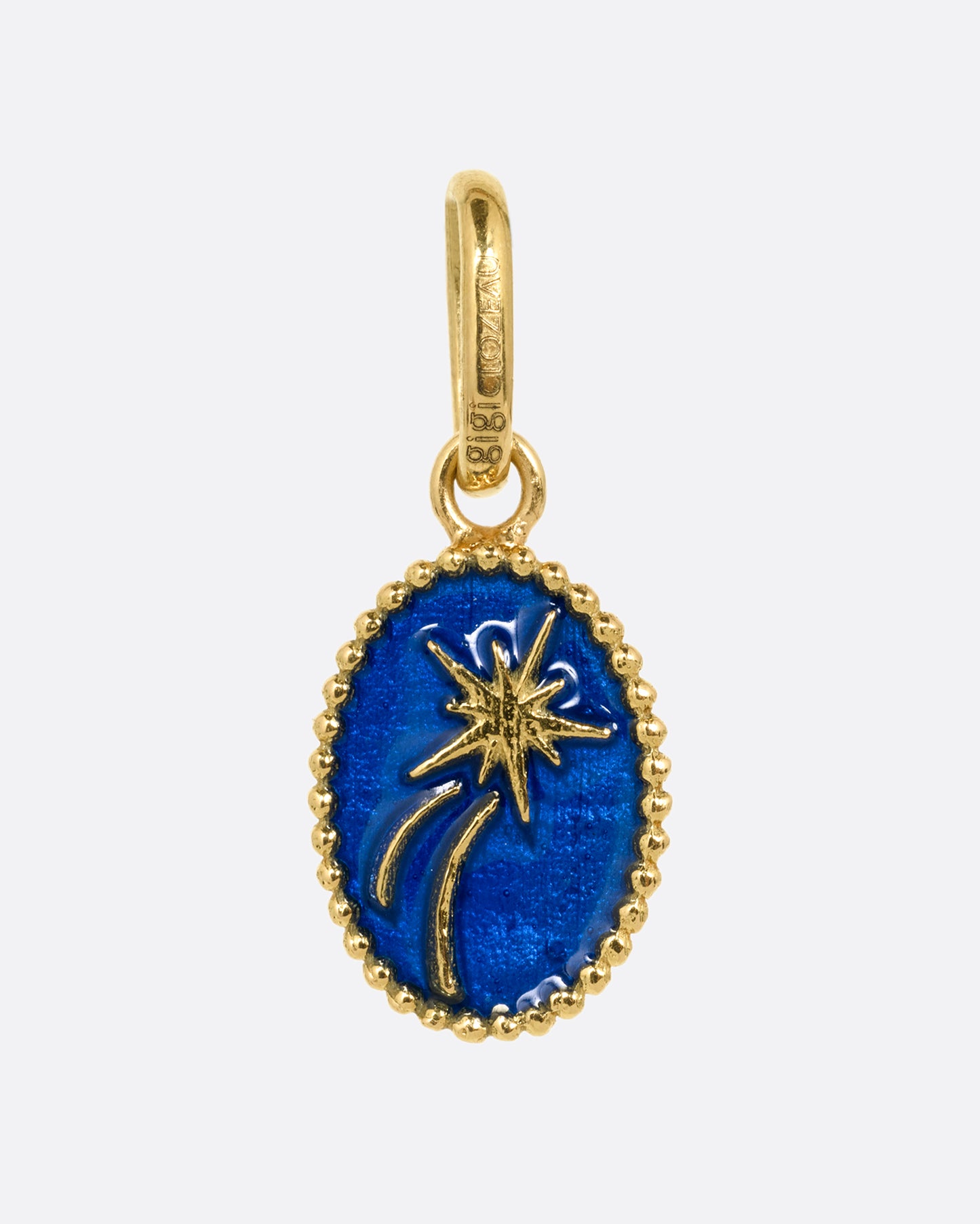A yellow gold and blue enamel shooting star pendant. Shown from the front.