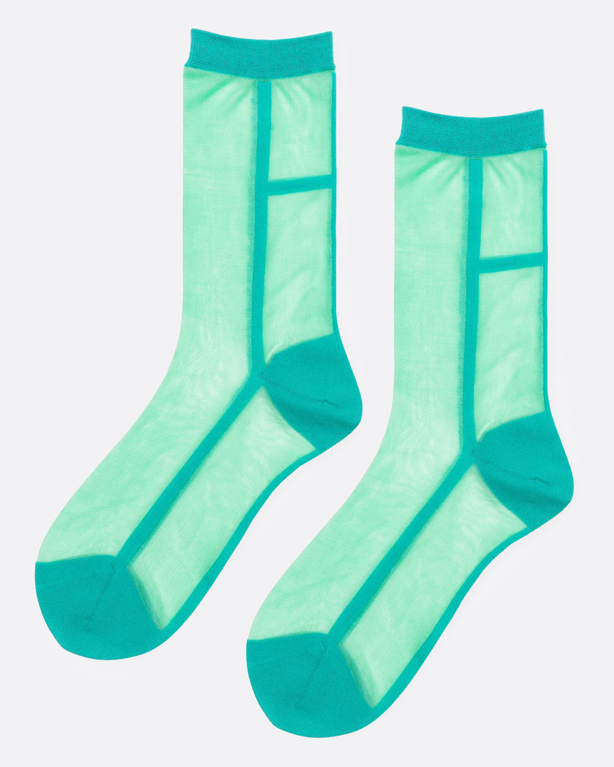 A pair of sheer sea green socks with solid teal trim, cuffs, and toes, shown from the side.