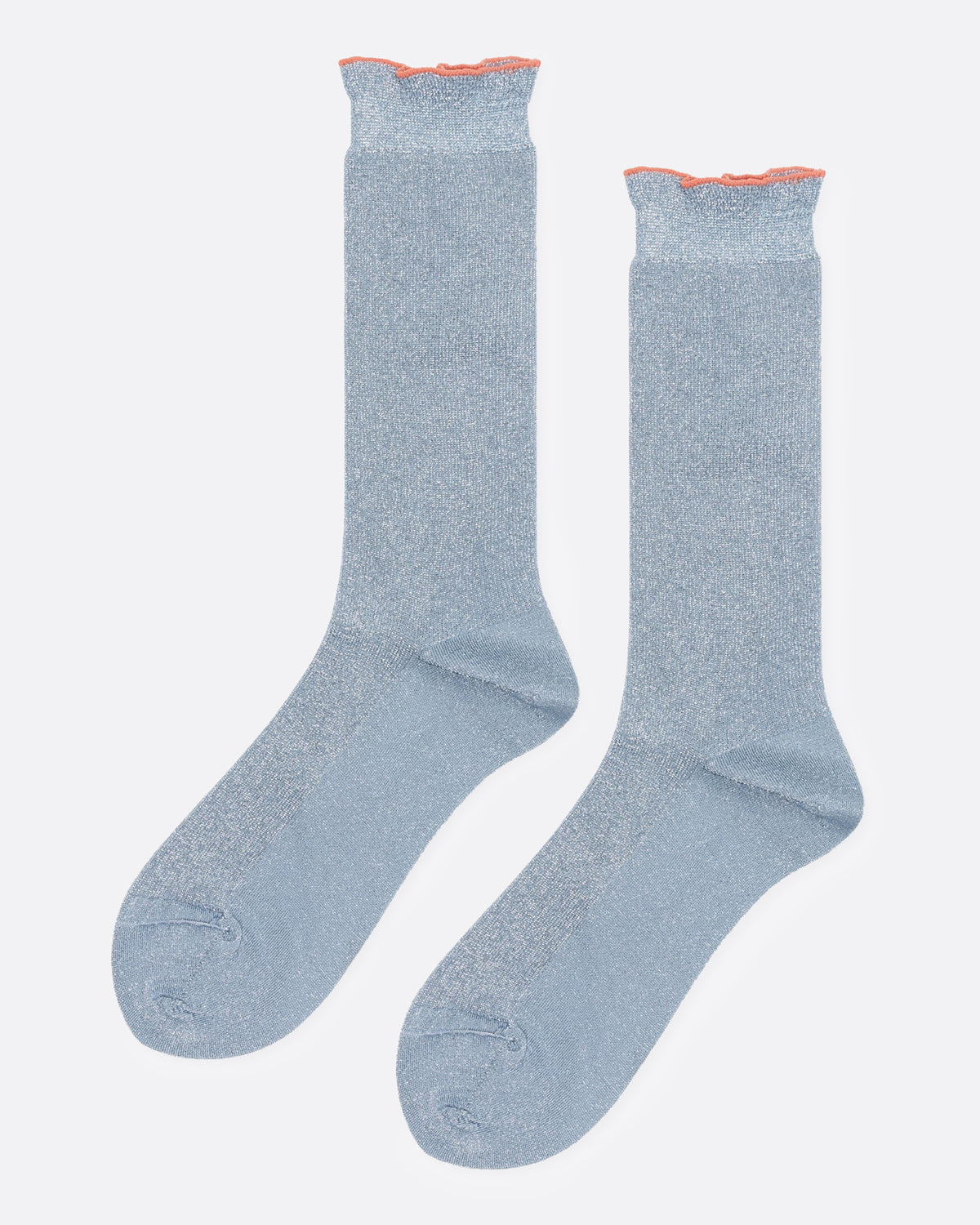 A pair of shimmery blue socks with an orange contrasting lettuce cuff stitch, shown from the side.