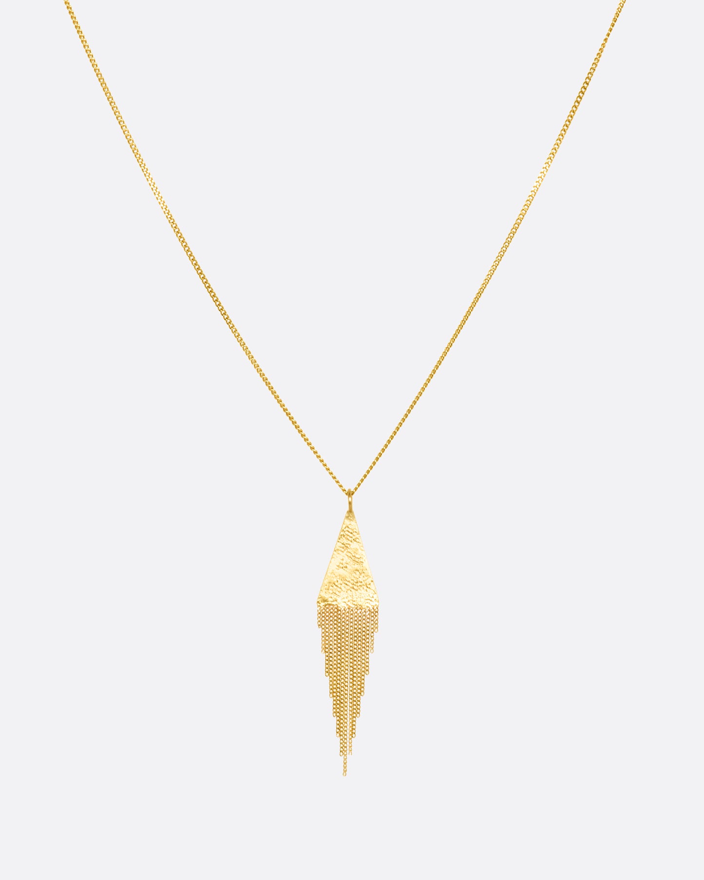 A yellow gold necklace with a fringed triangle pendant. View from the front.