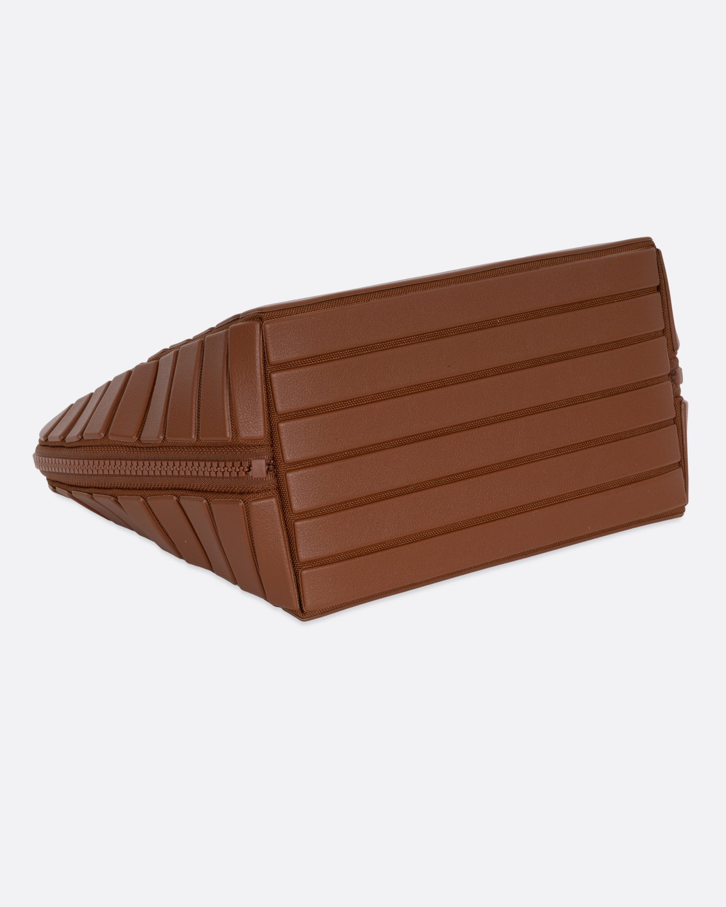 A brown textured rectangular pouch, shown from the bottom.