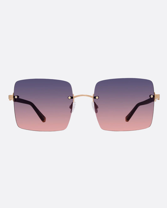A pair of rose gold titanium sunglasses with blue to pink ombré square lenses.