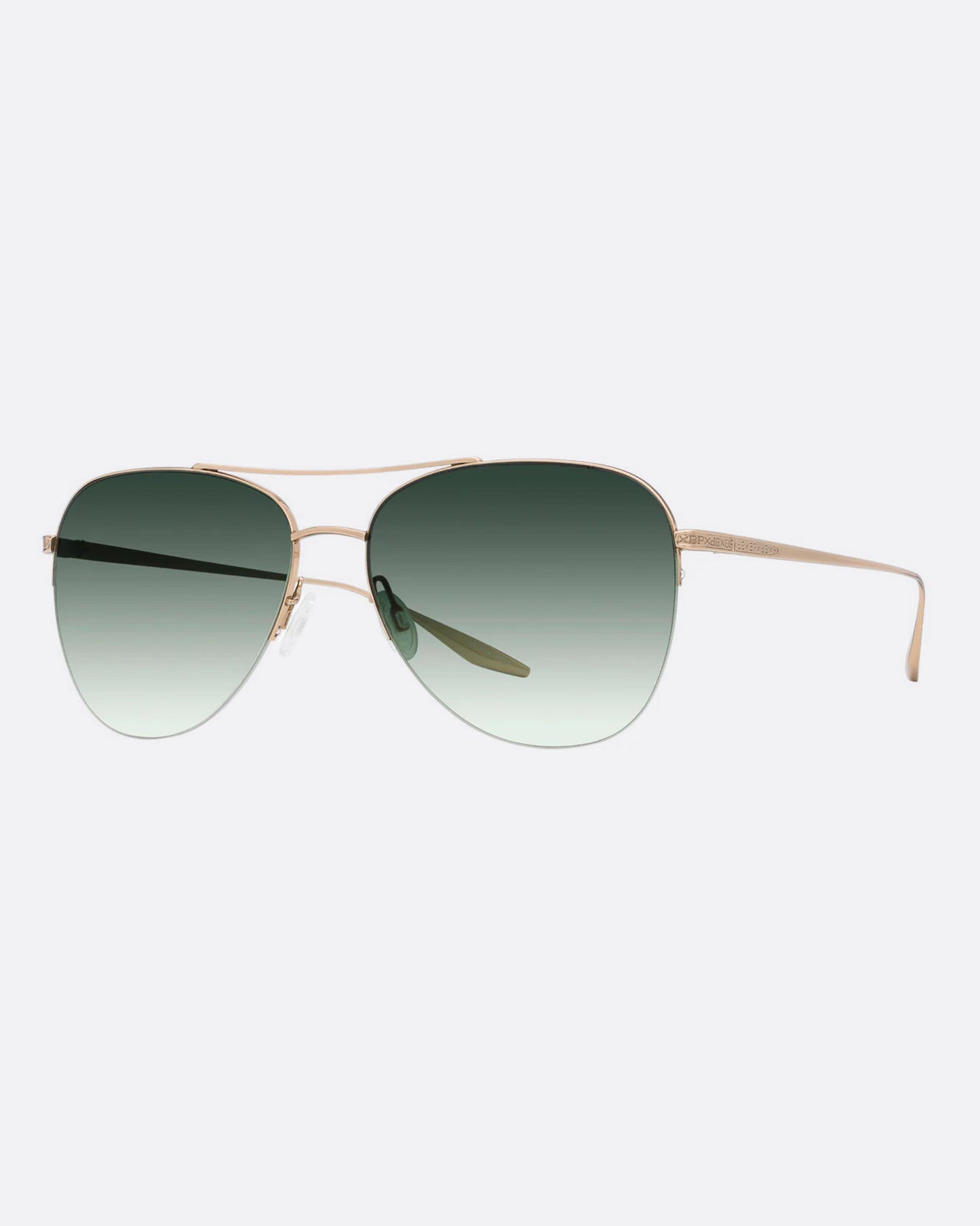 A pair of aviator sunglasses with gray gradient lenses. Shown diagonally from the front.