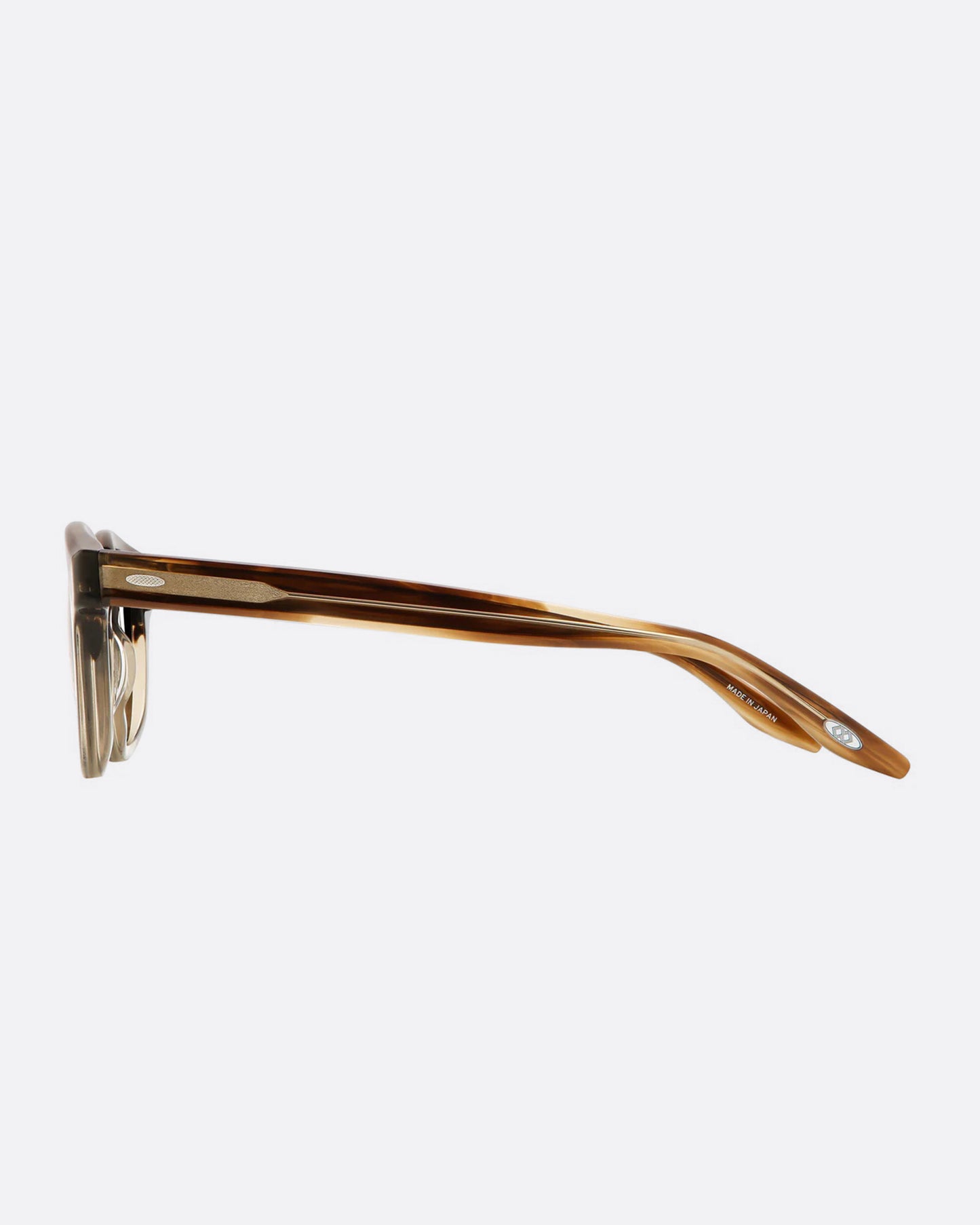 A round pair of sunglasses with frames that are brown on top and tan on the bottom. The lenses are dark green. Shown from the side.