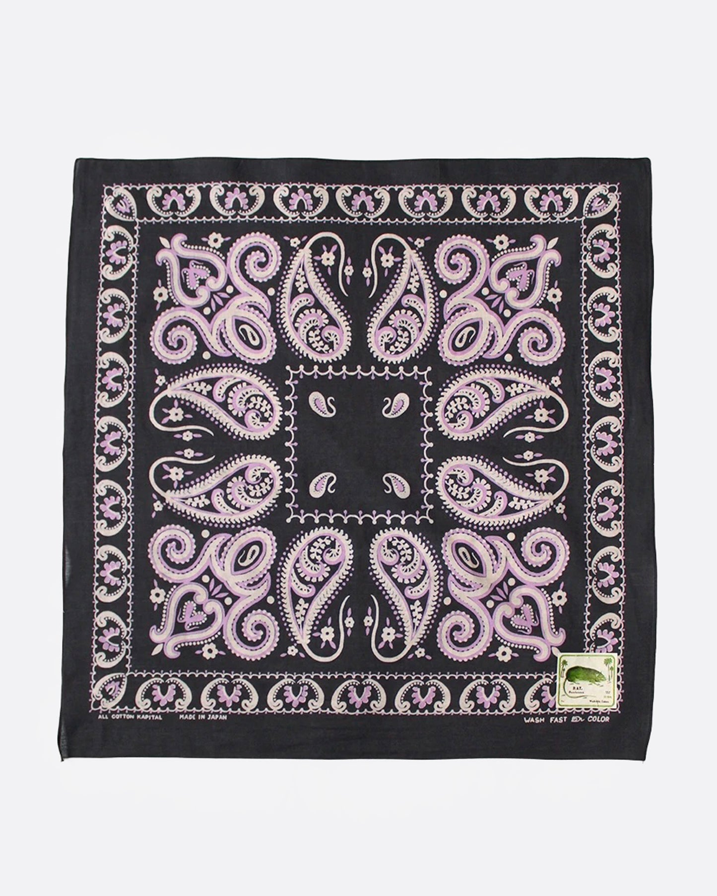 A black bandana with pink paisley print, shown from the front.