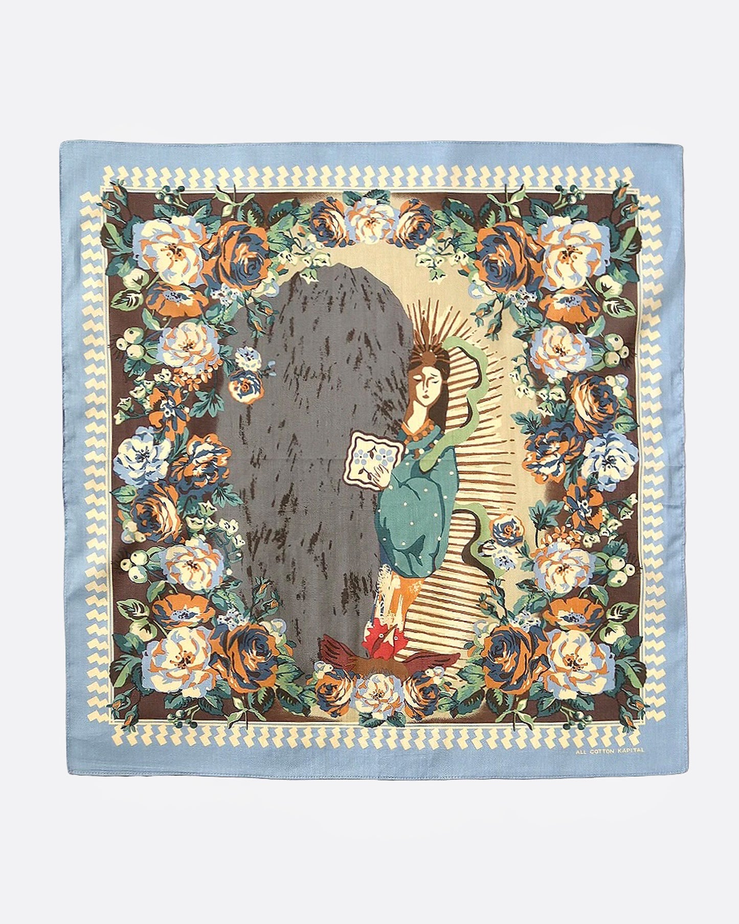 A floral print bandana with an image of the Japanese sun goddess, Amaterasu Omikami, shown from the front.
