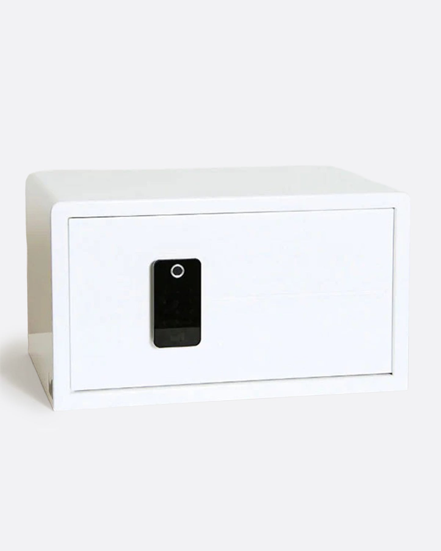 A white safe made of reinforced steel with a touchscreen keypad, shown from the front.