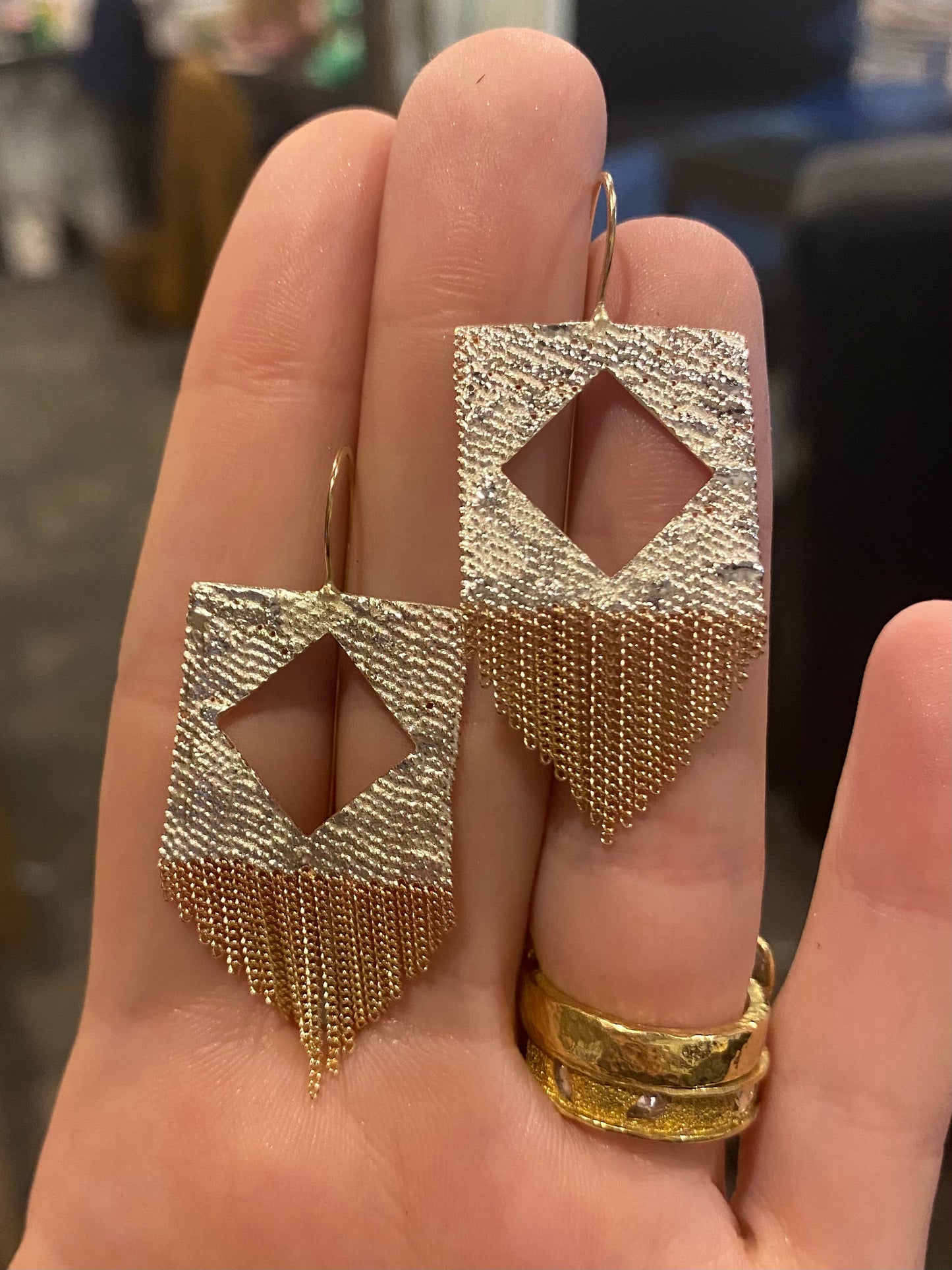 HANNAH KEEFE KNIGHTS EARRINGS W/ 14K YELLOW GOLD CHAIN AND POSTS AND SILVER SOLDER ACCENTS - PAIR *SEE NOTES*