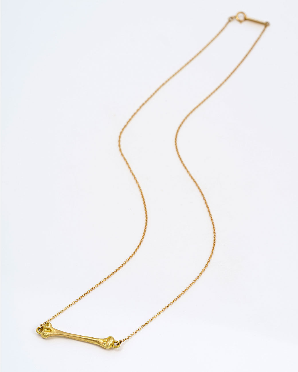 A yellow gold cable chain necklace with a bone charm horizontally suspended from the center. Shown closed lying flat from the front.