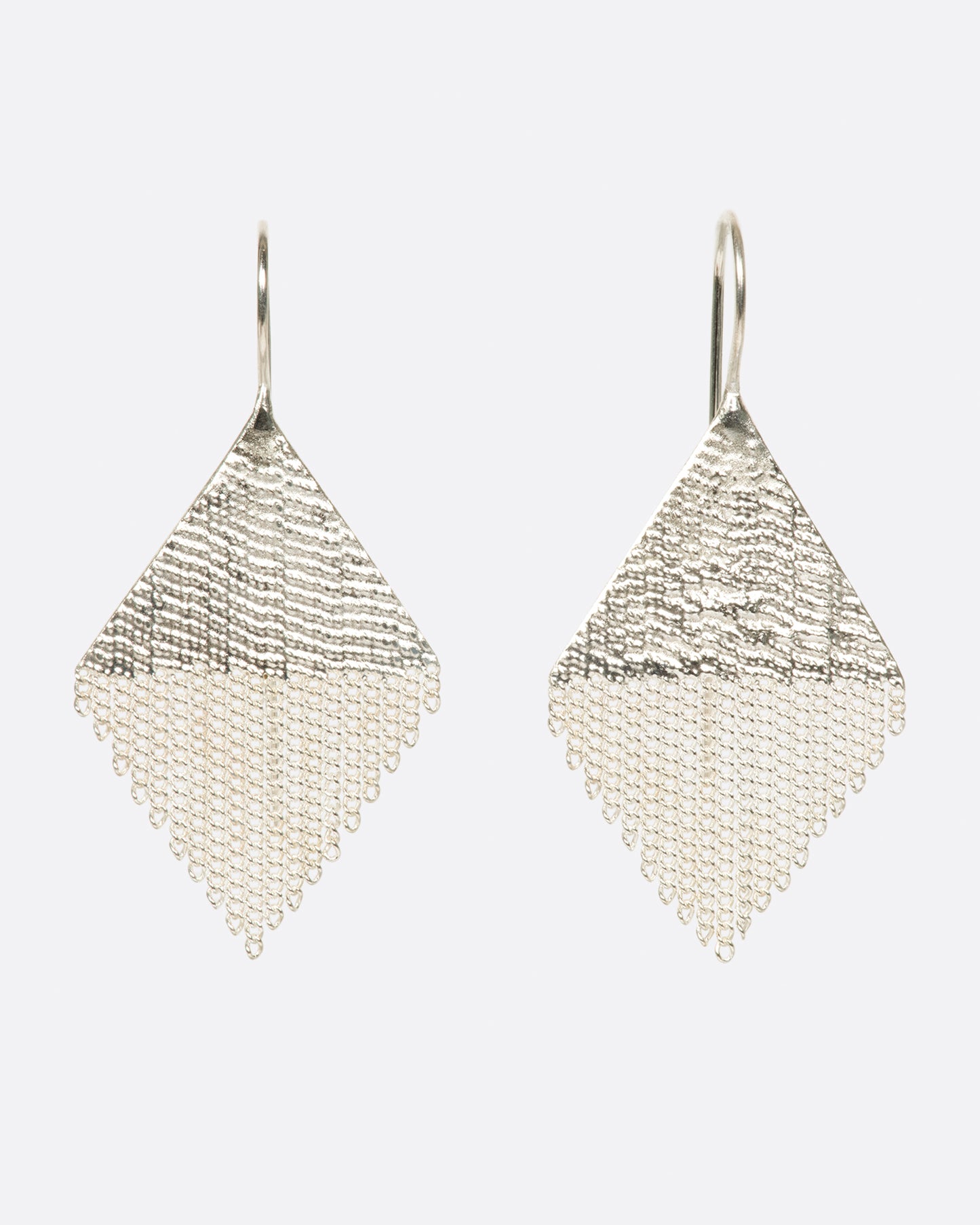A pair of diamond shaped drop earrings made from sterling silver chains and silver solder. Shown from the front.
