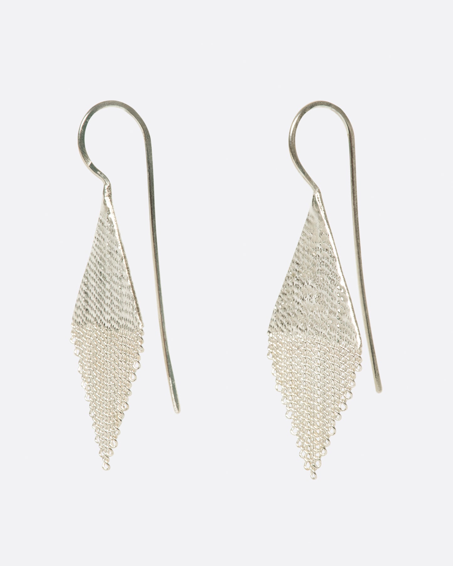 A pair of diamond shaped drop earrings made from sterling silver chains and silver solder.