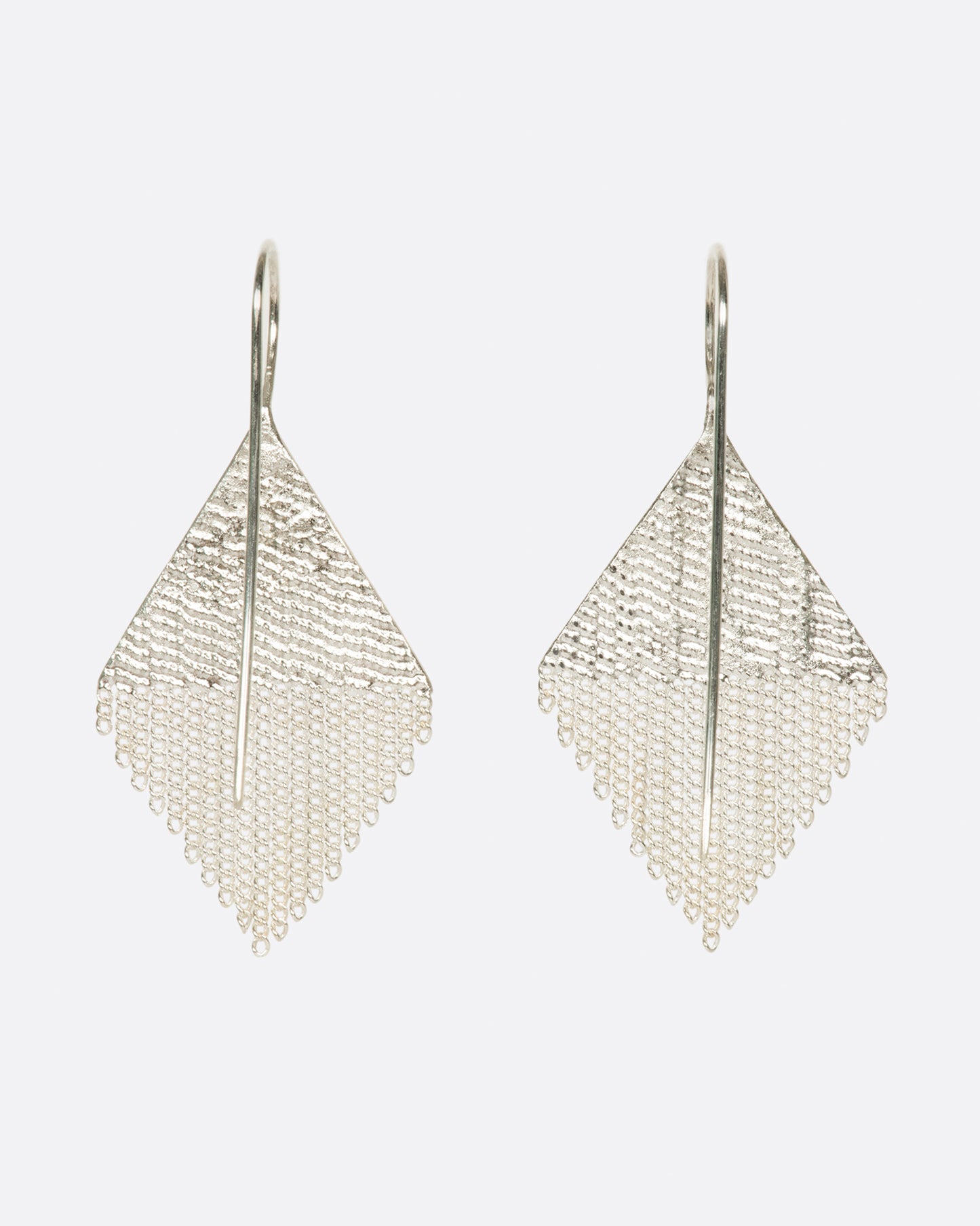 A pair of diamond shaped drop earrings made from sterling silver chains and silver solder.