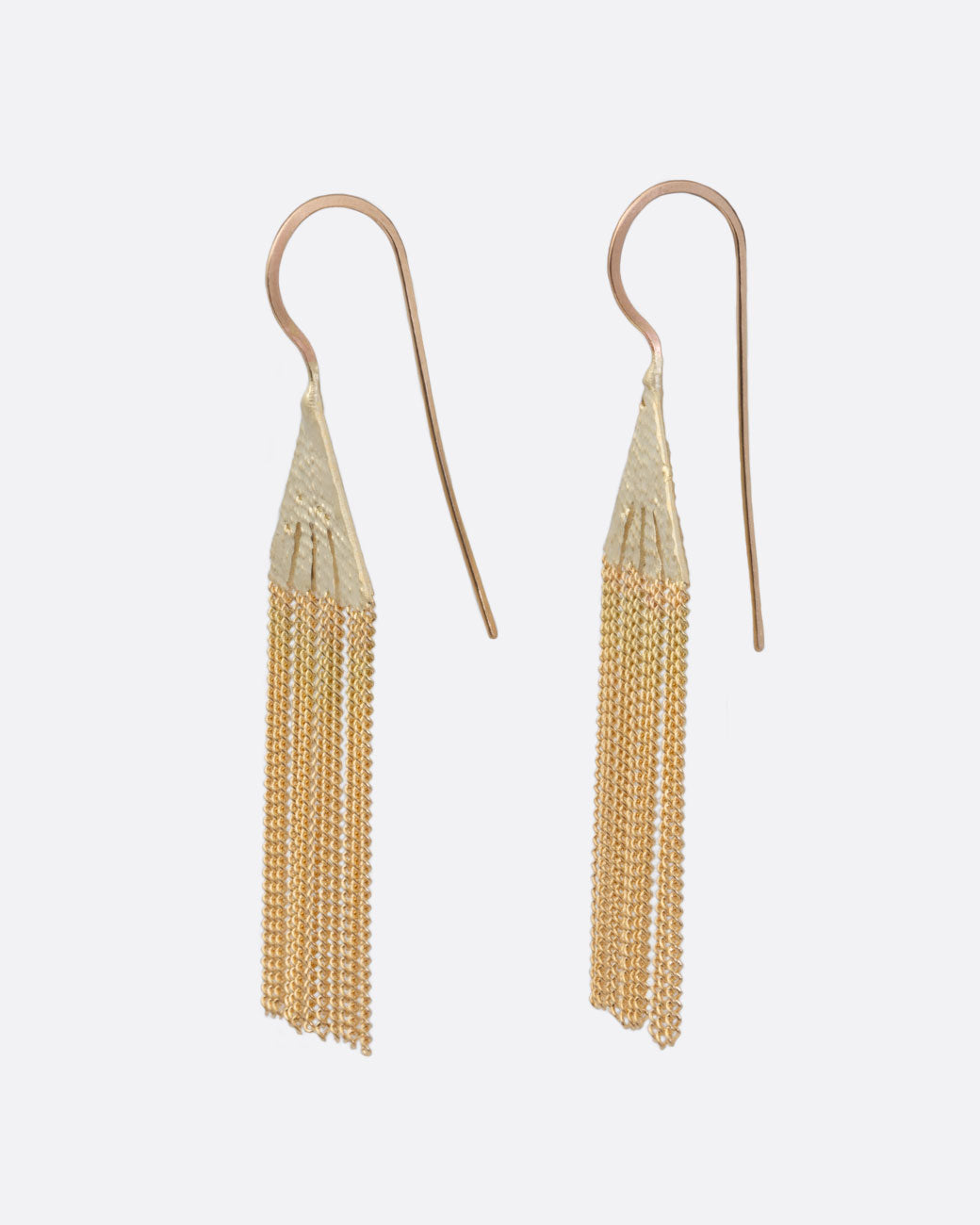 Yellow gold earrings with triangular soldered tops and four columns of yellow gold chain. Shown from the side.