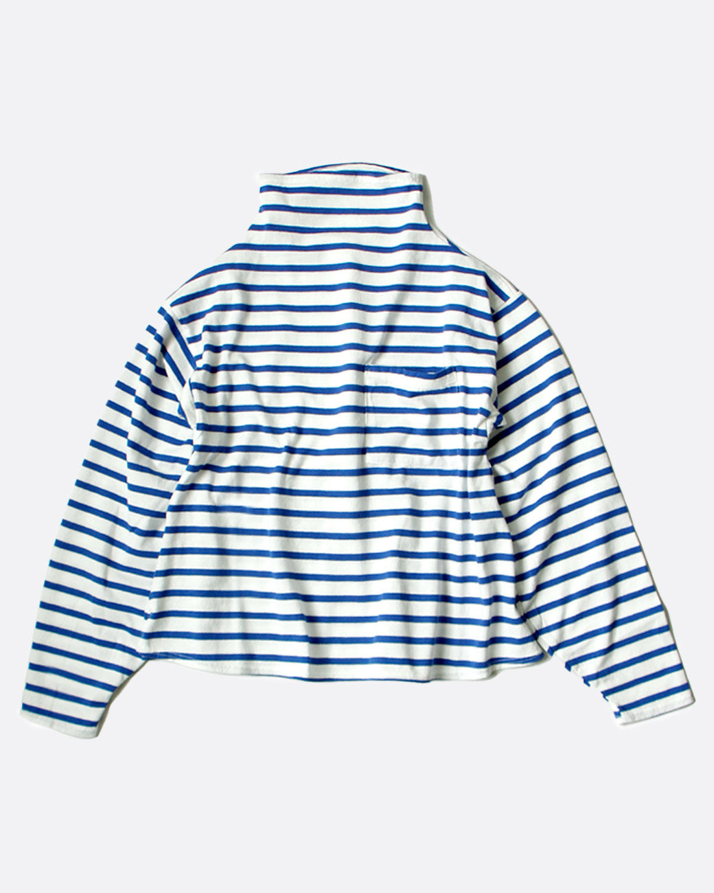 A white mock neck long sleeve shirt with blue horizontal stripes and a front pocket. Shown from the front.
