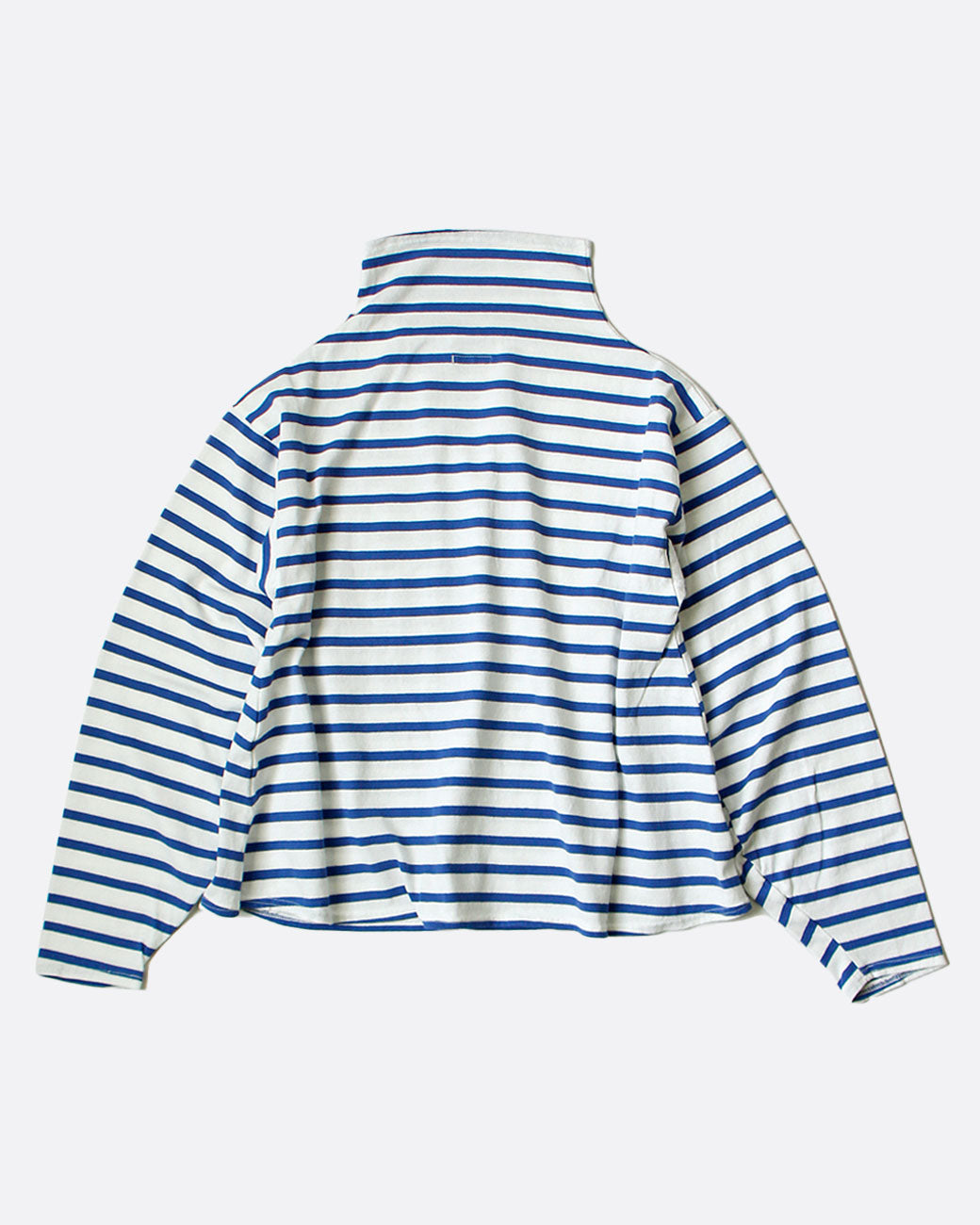 A white mock neck long sleeve shirt with blue horizontal stripes and a front pocket. Shown from the back.