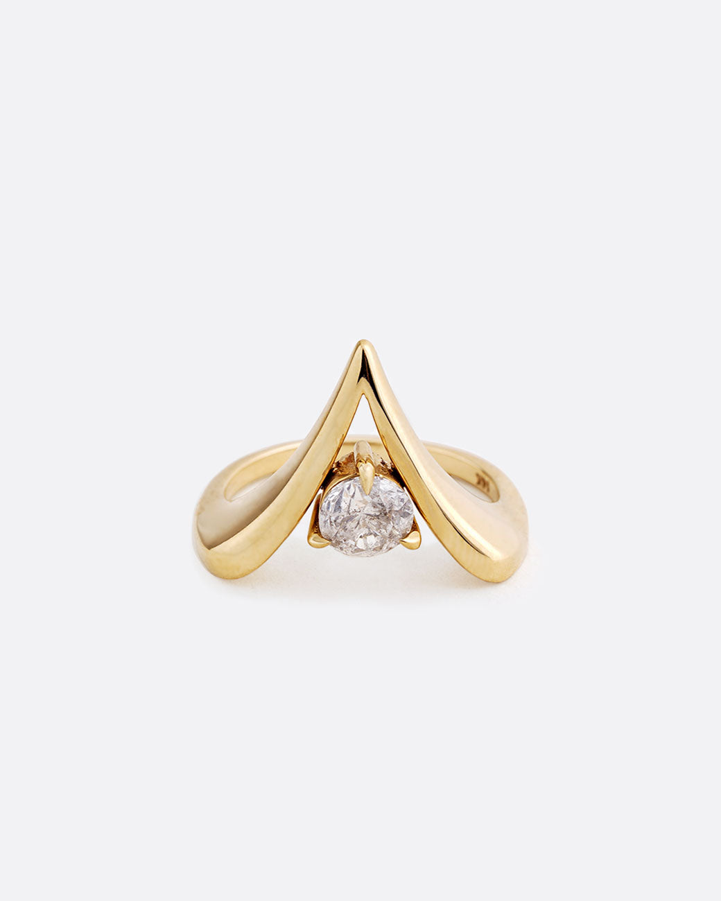 A yellow gold reversed V shaped ring with a diamond at the center. Shown from the front.