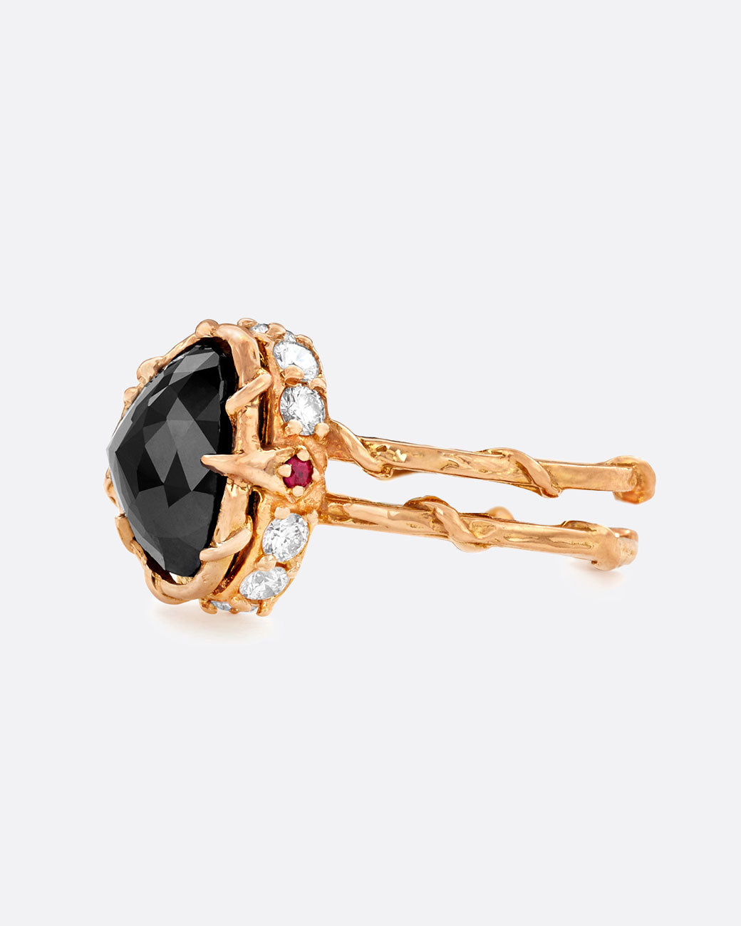 18k rose gold and black diamond Intrigue Crown ring by Karen Karch, shown from the side