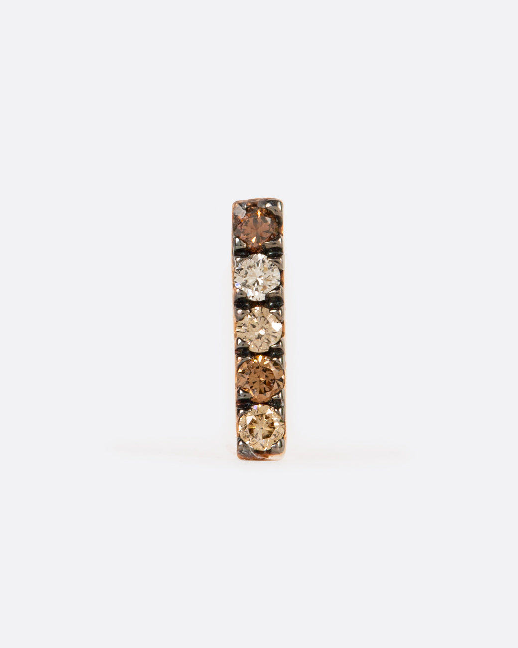 A rose gold bar stud earring with five diamonds in mixed shades of brown. Shown from the front.