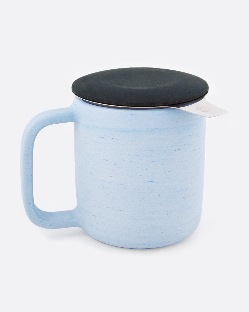 A blue mug with a lidded tea diffuser inside. Shown from the side.