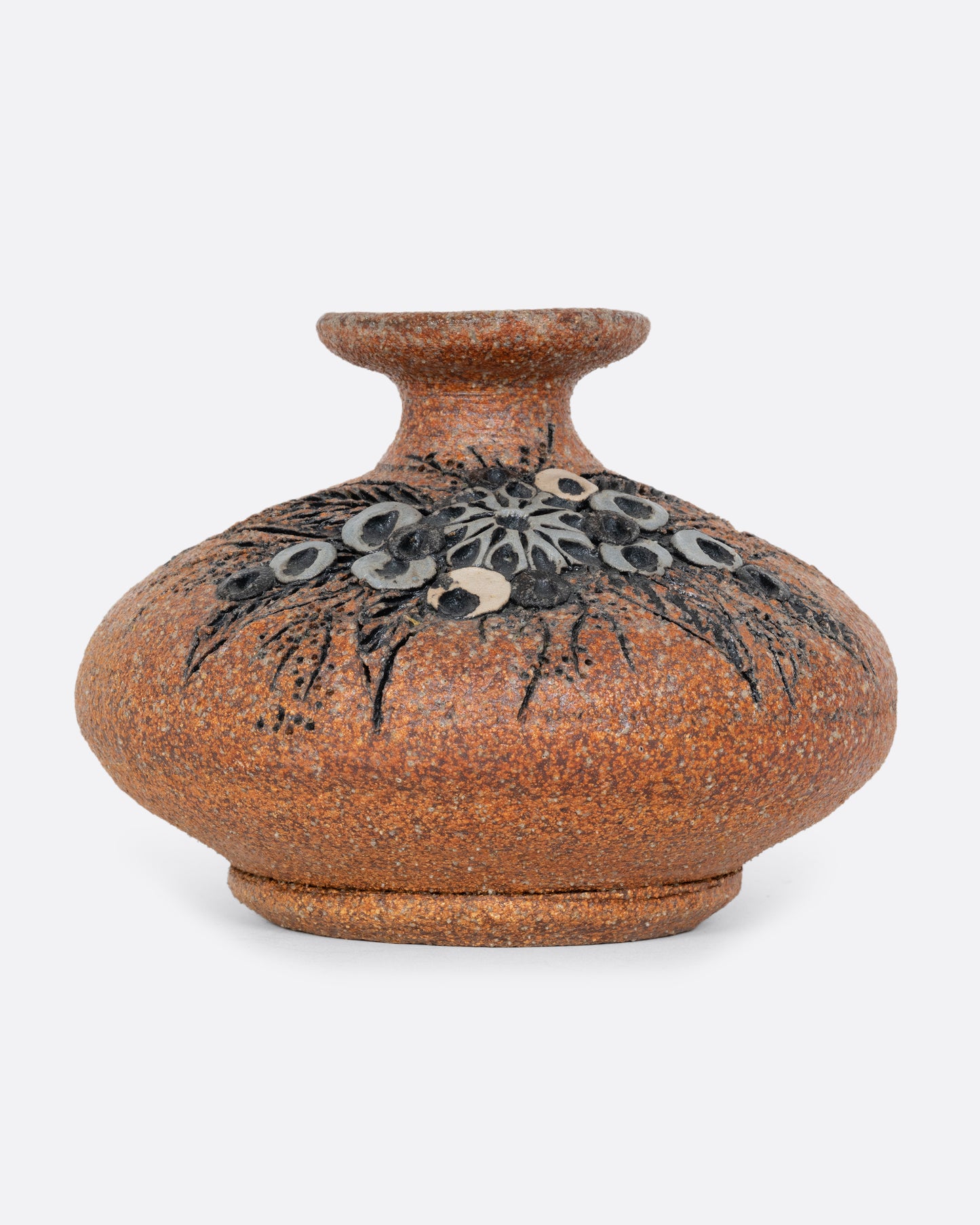 A brown stoneware pottery vase with a floral motif on the side. Shown straight on from the front.