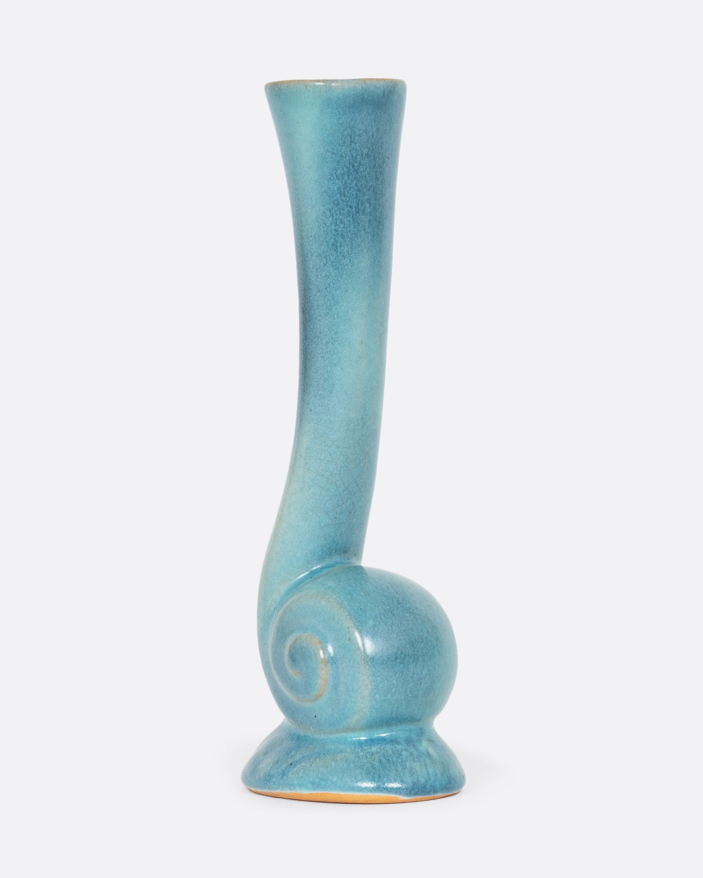 A light blue bud vase with a swirl at the base. Shown from the side.