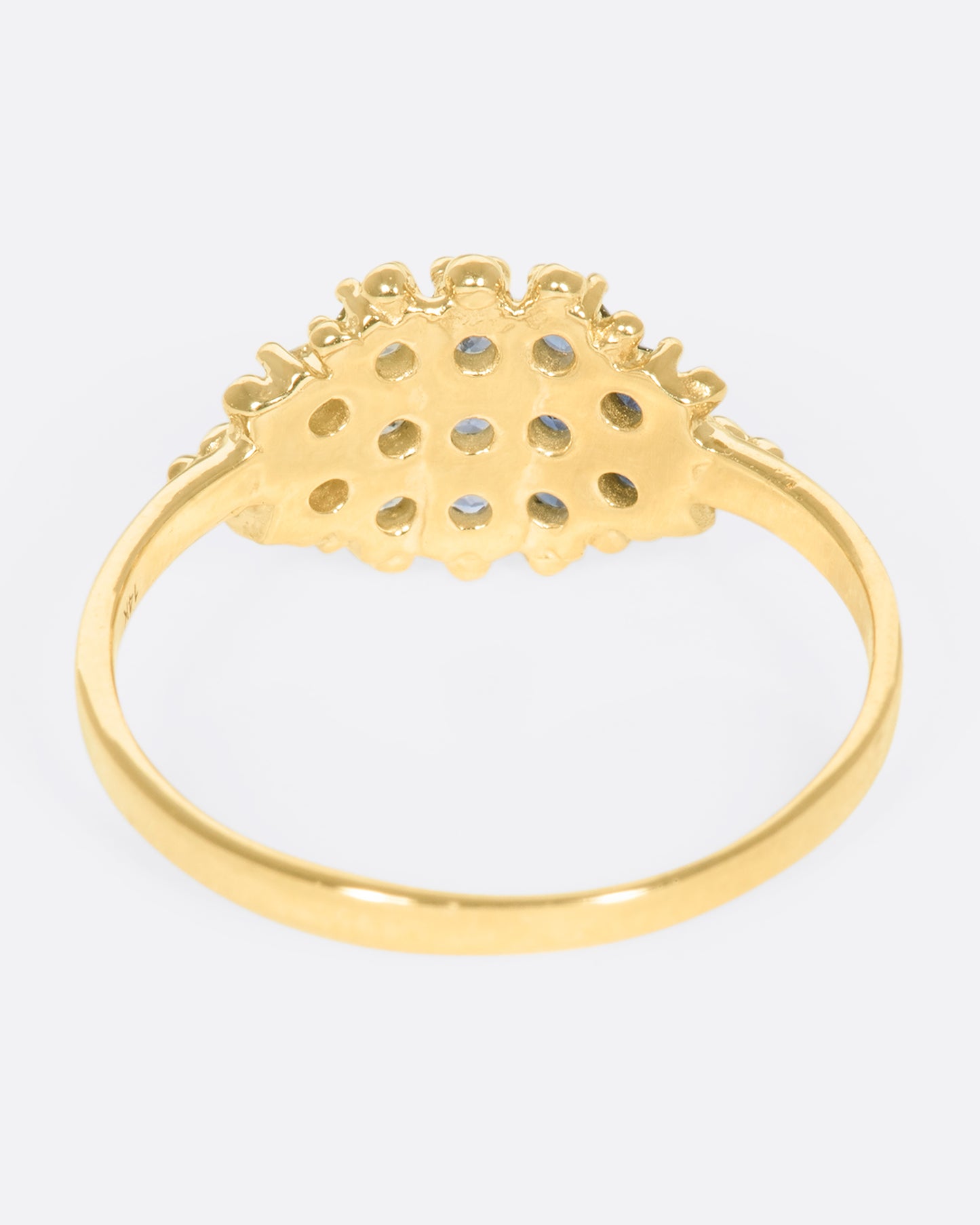 A view of the underside of a yellow gold ring with 12 sapphires in a range of blue shades.