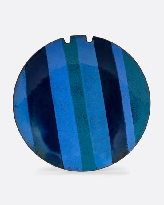 A blue striped enamel plate ashtray. Shown from the top on its side .