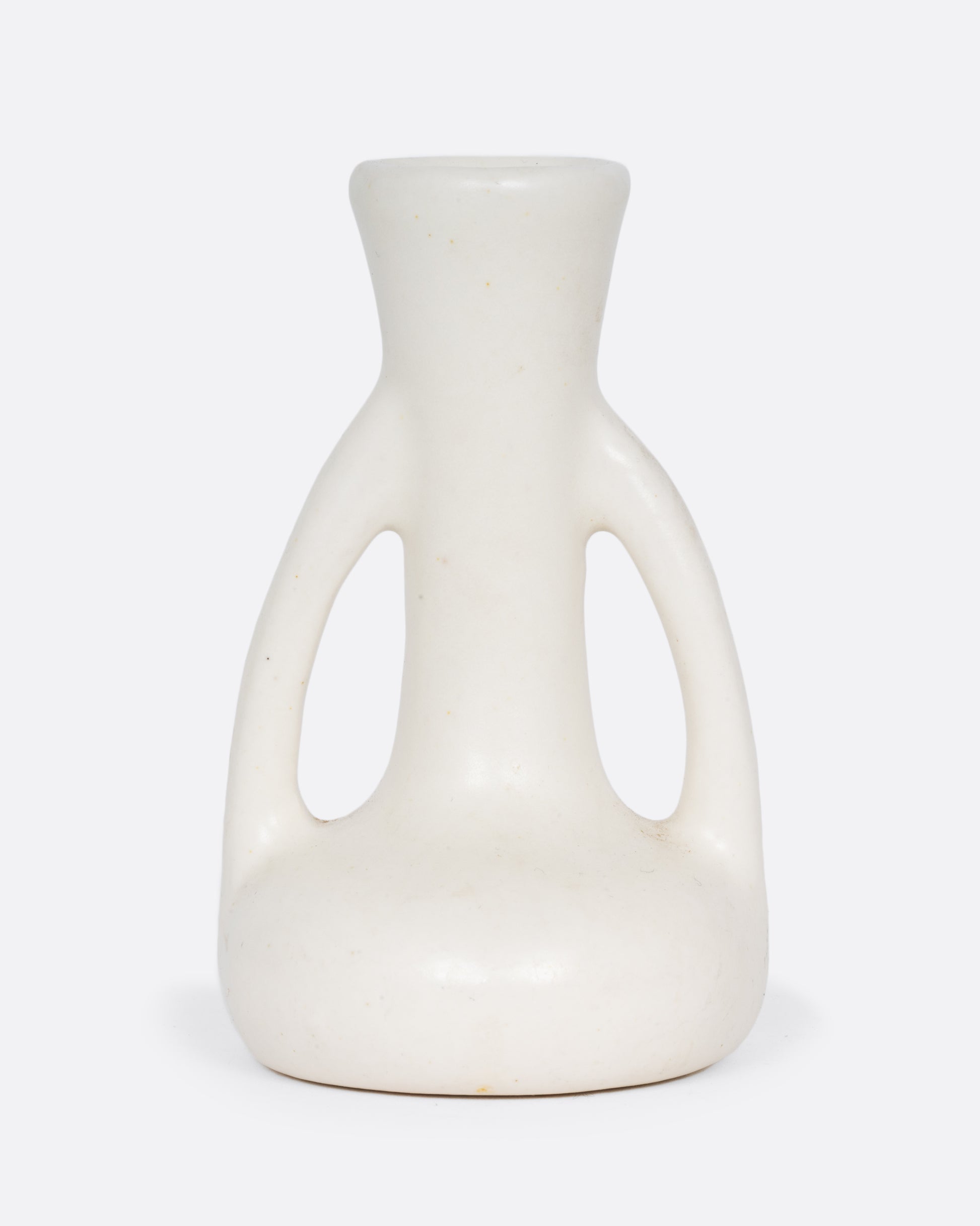 A cream colored bud vase with handles. Shown from the front.