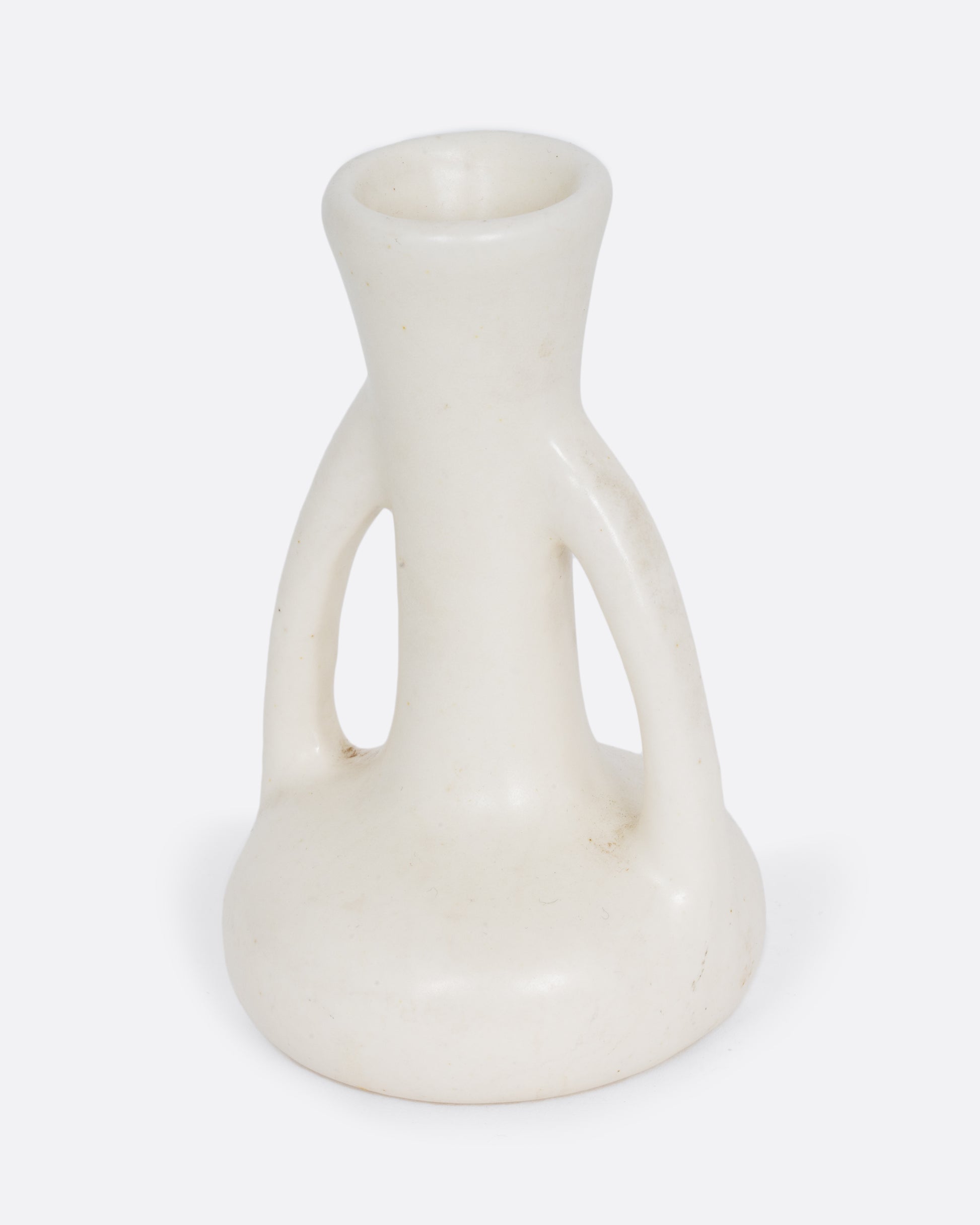 A cream colored bud vase with handles. Shown from the front.