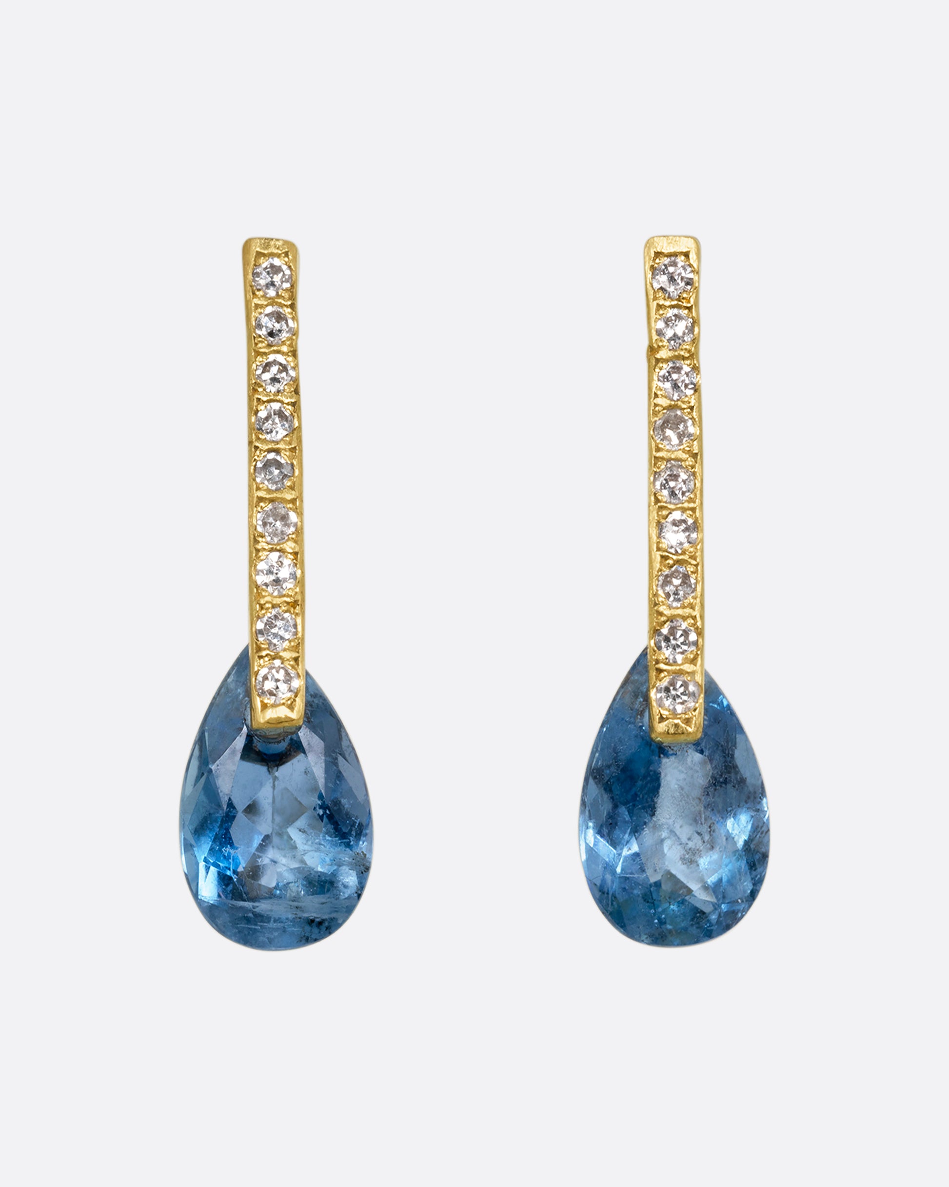 yellow gold earrings with aquamarines and diamonds  shown from the front