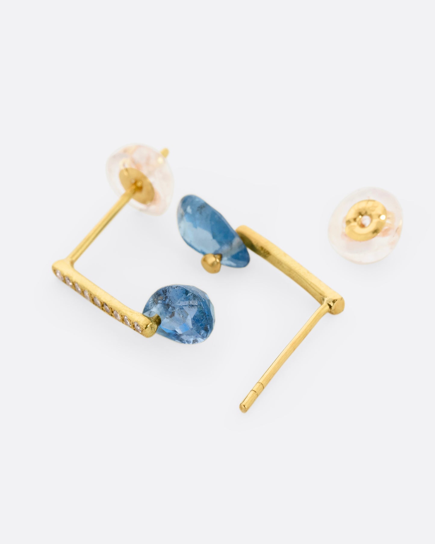 yellow gold earrings with aquamarines and diamonds  shown from the back