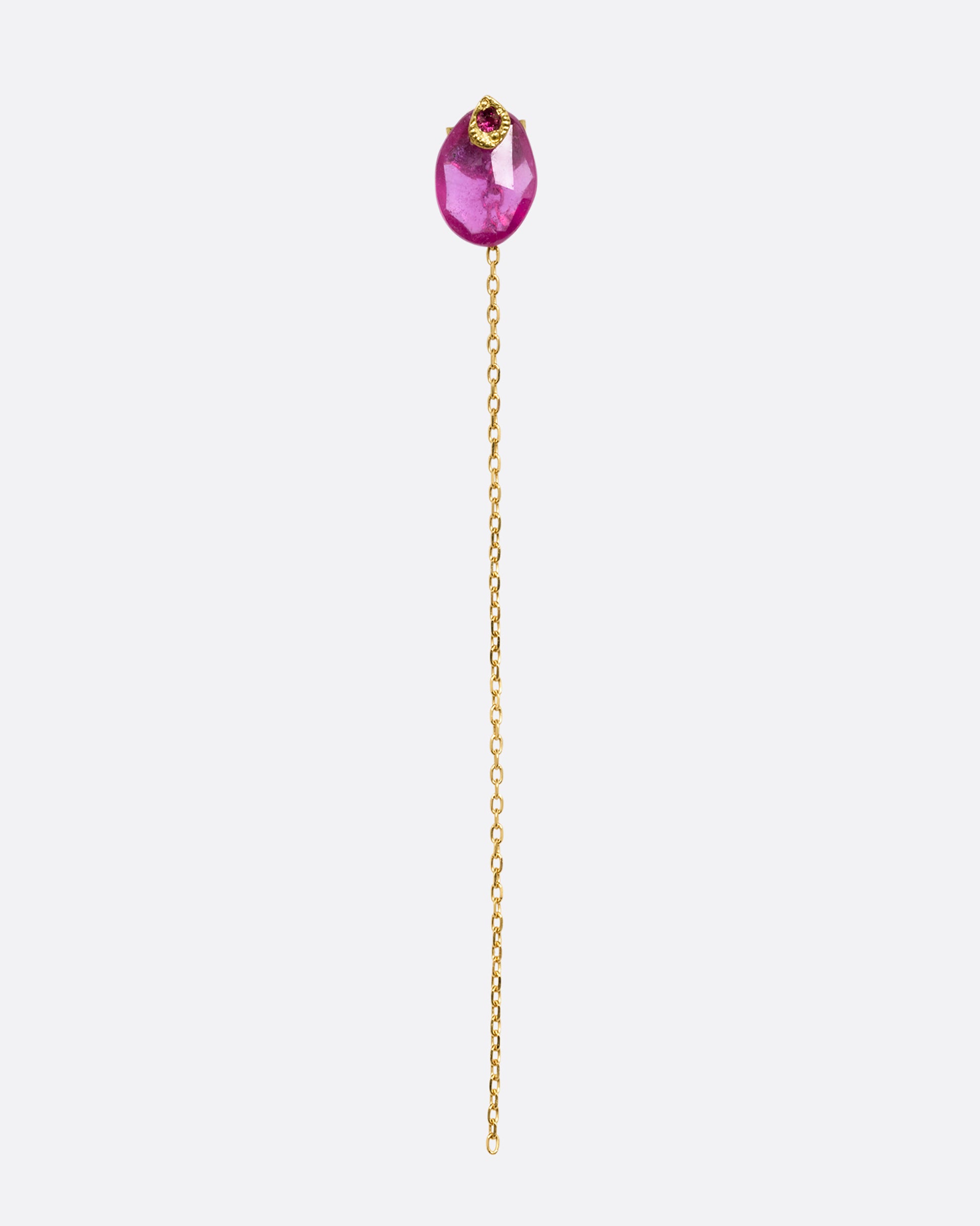 A pin and chain earring with a ruby and cable chain. Shown from the front.