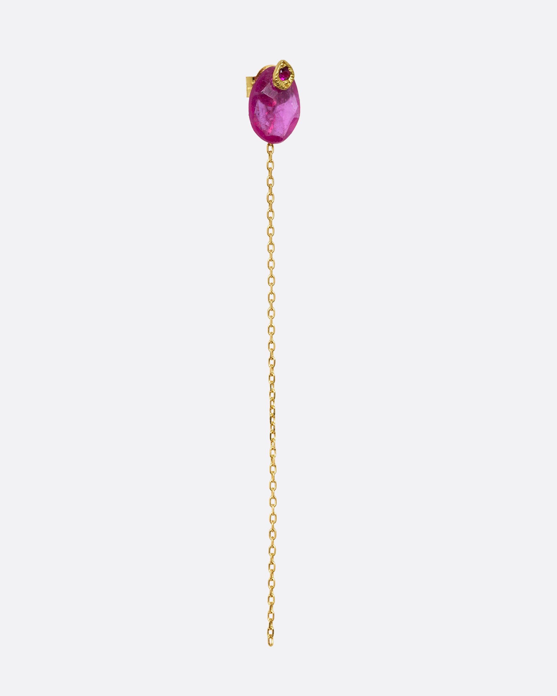 A pin and chain earring with a ruby and cable chain. Shown from the front.