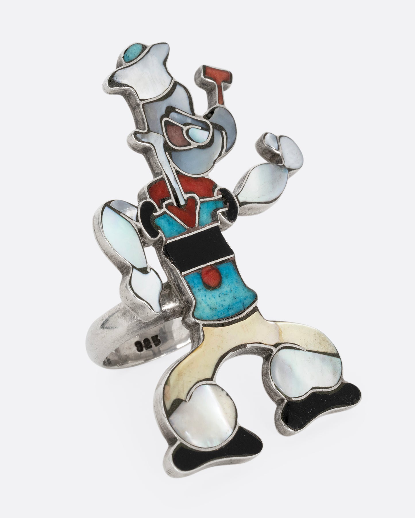 A silver Zuni ring with an inlaid Popeye the Sailor. Shown from the front.