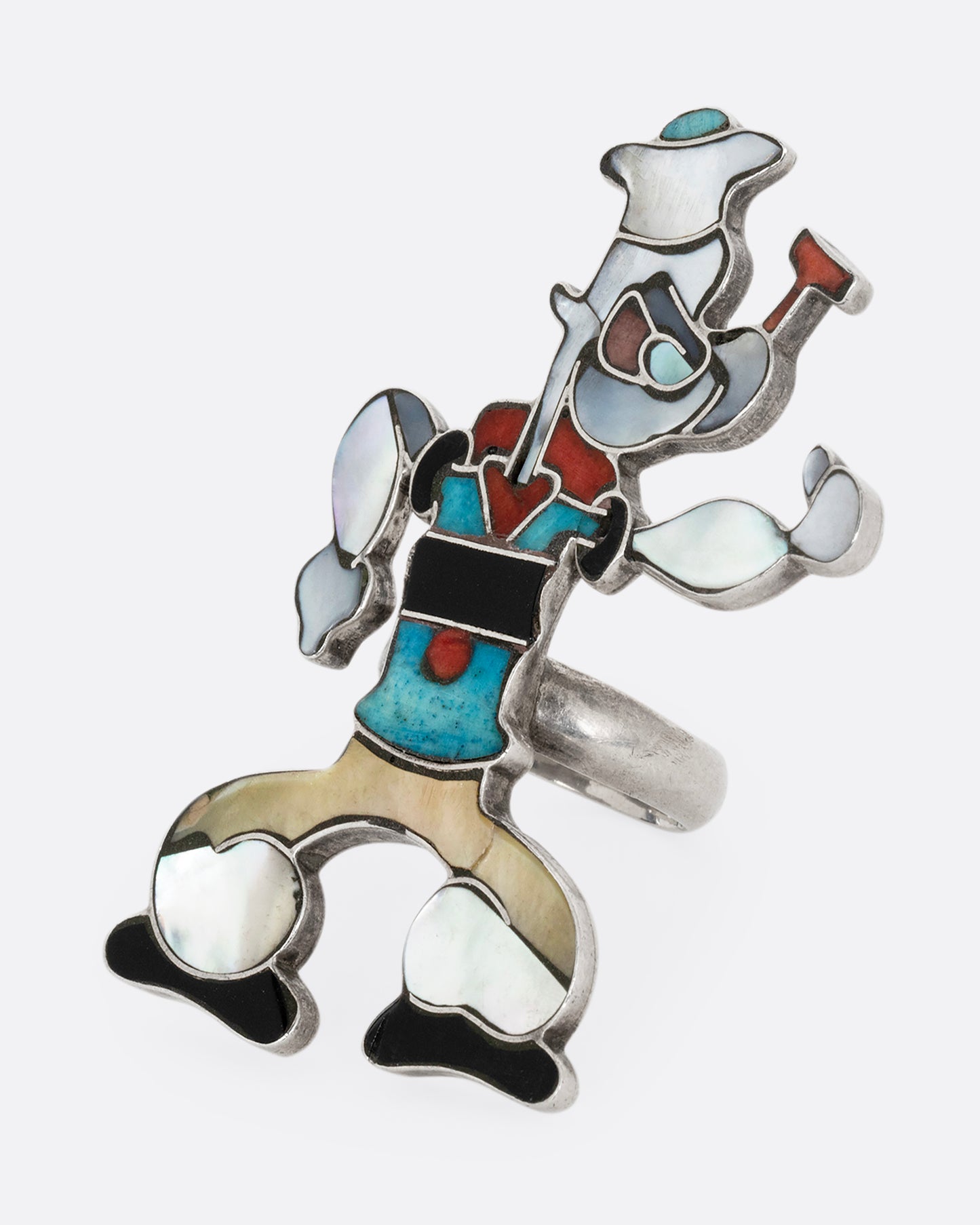 A silver Zuni ring with an inlaid Popeye the Sailor. Shown from the front.