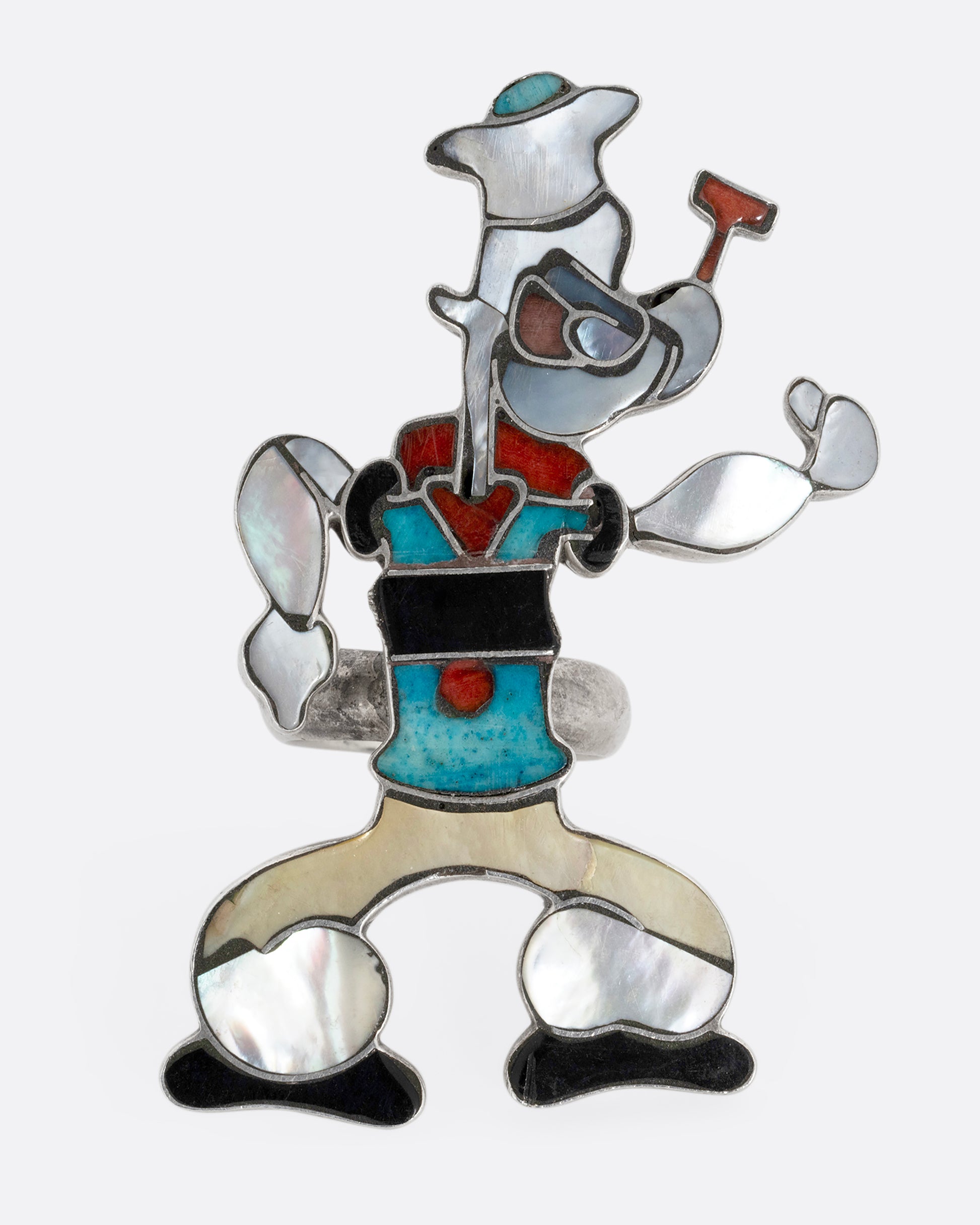 A silver Zuni ring with an inlaid Popeye the Sailor. Shown from the front.