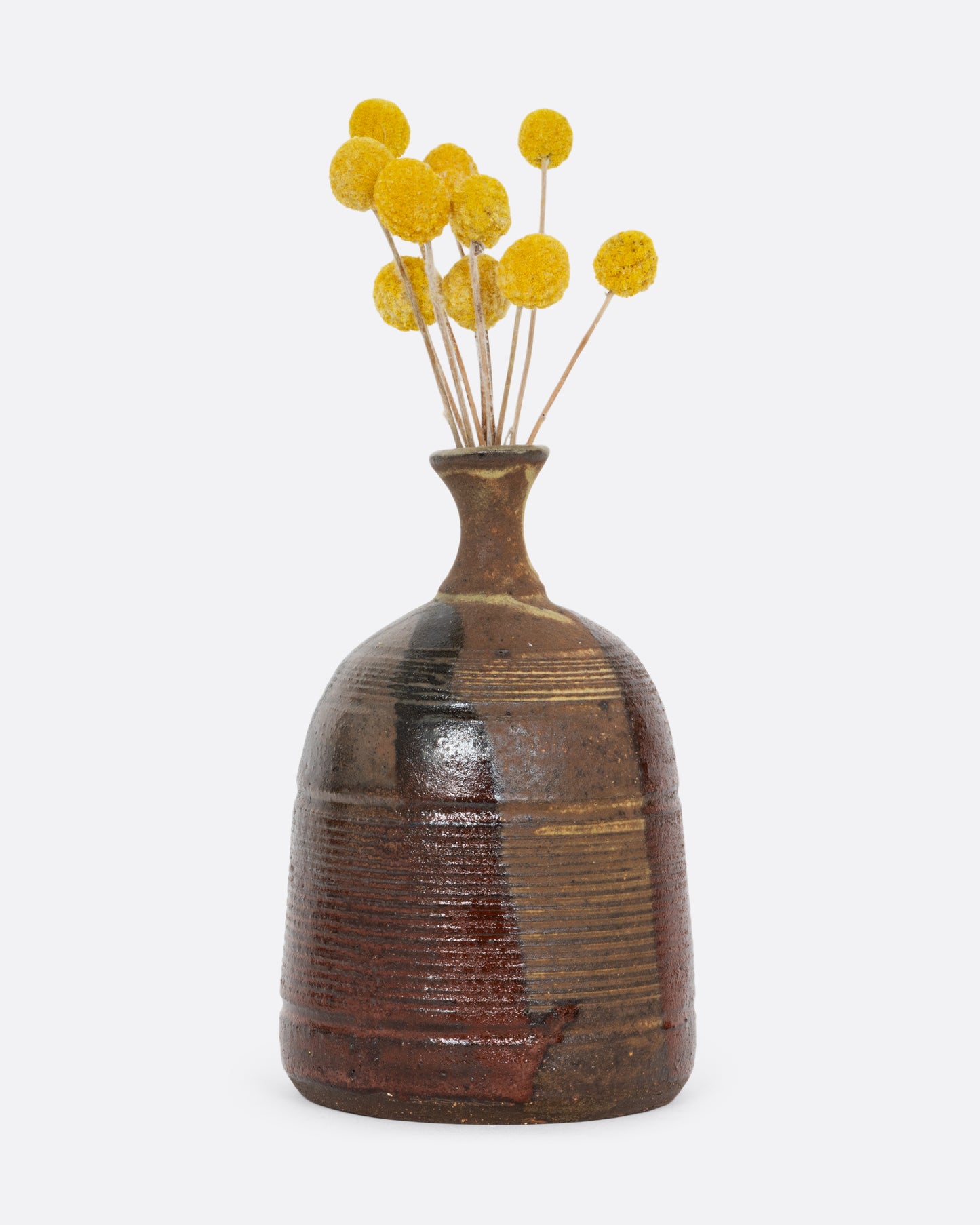 A vase with a brown split contrast glaze and ribbed texture. Shown with flowers in it from the front.