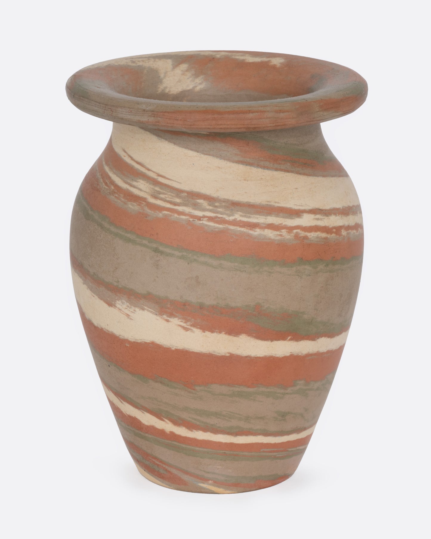 A bud vase with brown, cream, and umber swirls, shown from the front.