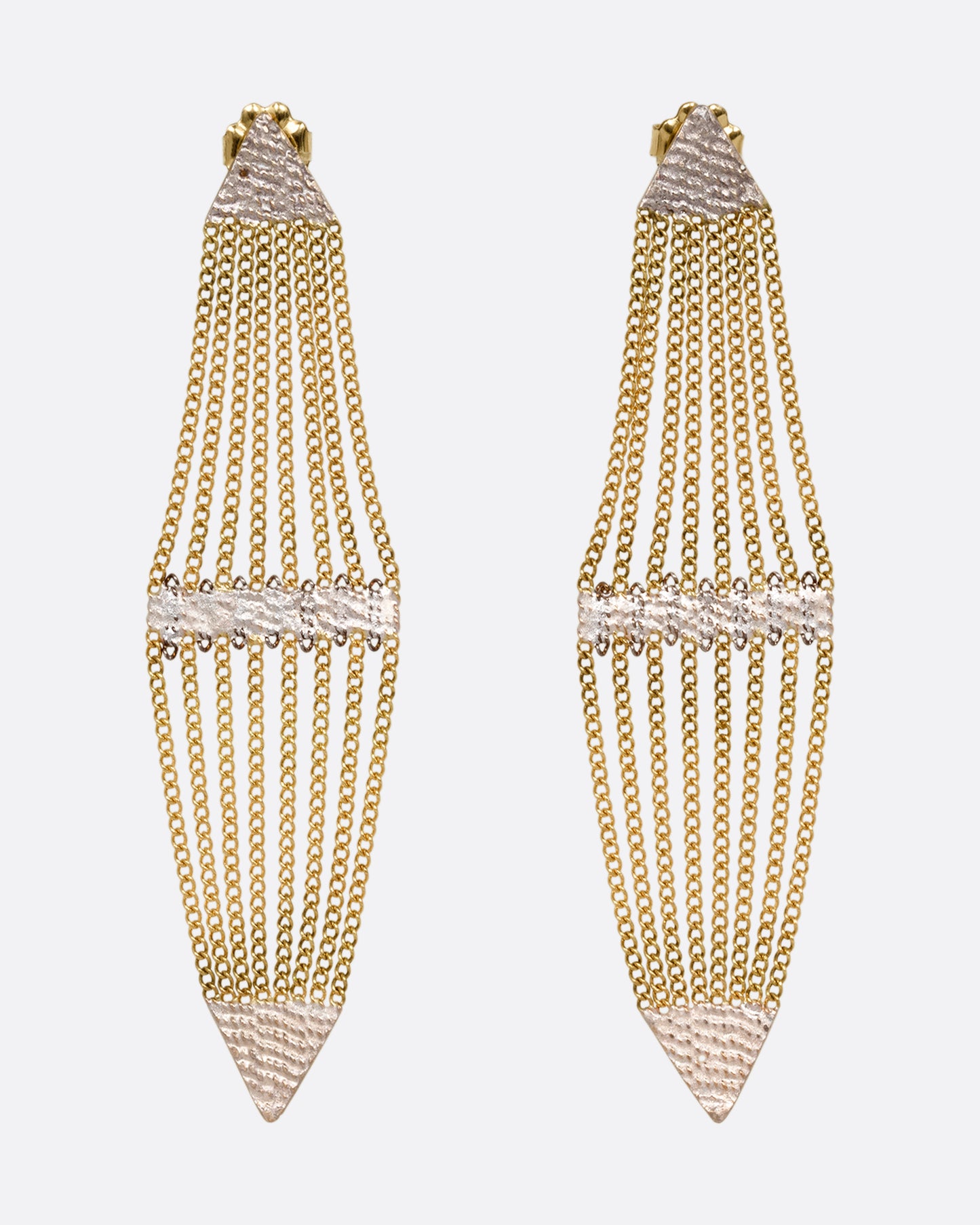 A pair of diamond shaped earrings with silver solder and yellow gold chain. Shown from the front.