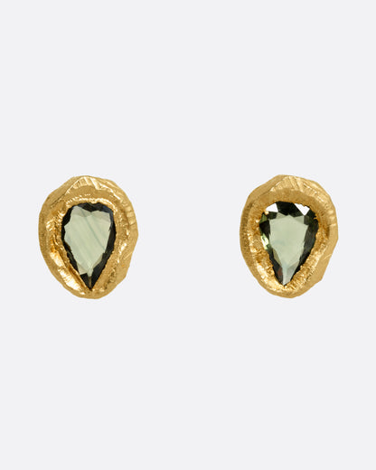 Page Sargisson stud earrings in 18k yellow gold, freeform rose-cut green sapphires in textured, engraved gold bezels