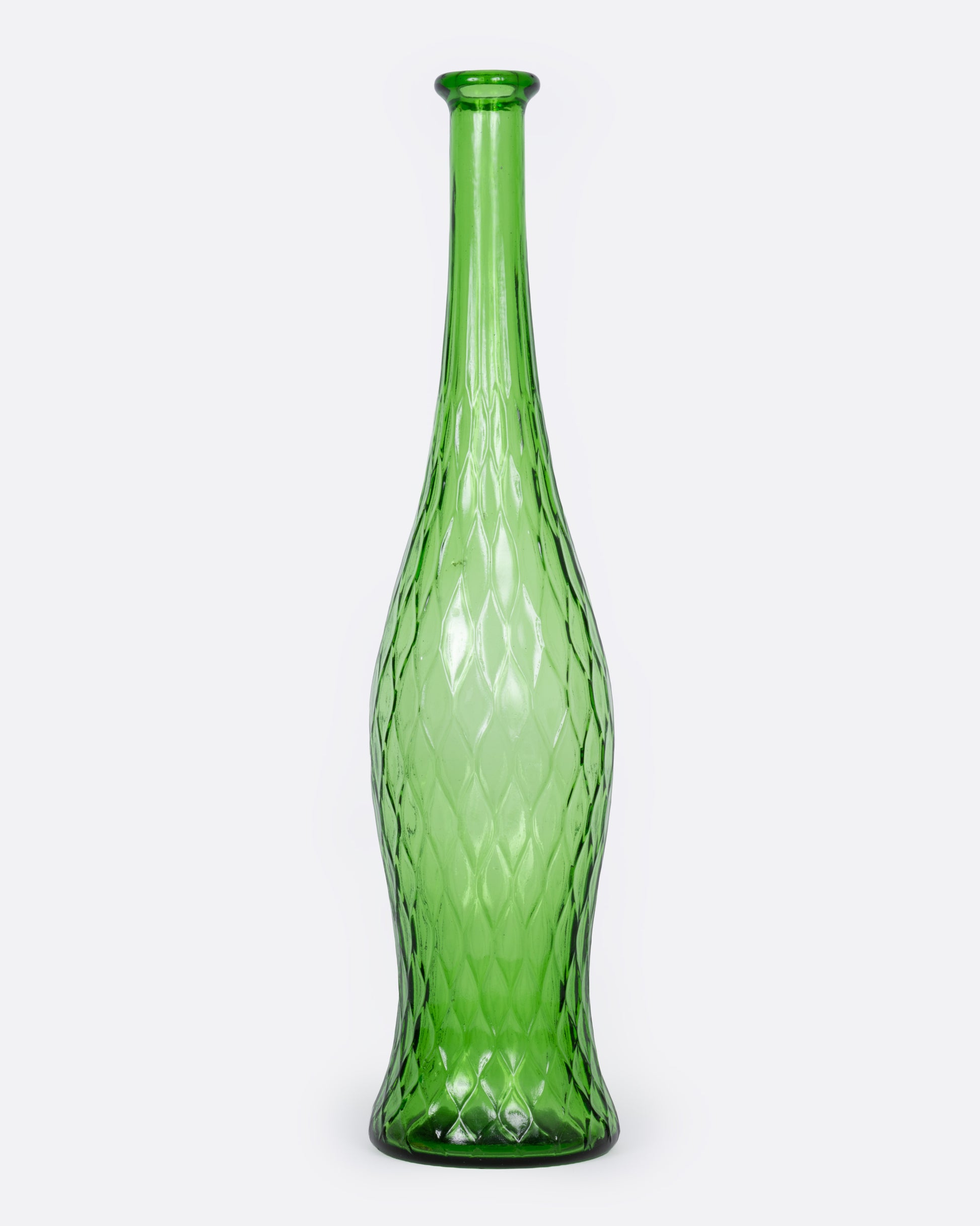 A green bottle vase with an hourglass silhouette and diamond surface pattern, shown from the front.