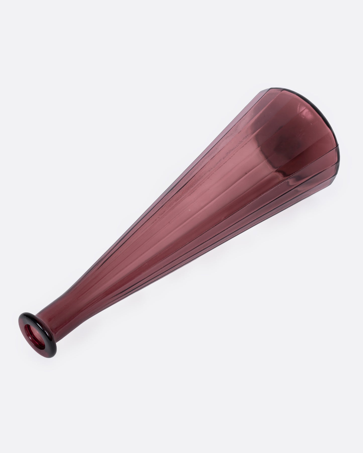A tall tapered purple glass vase, shown from the side.