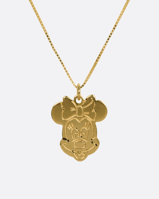 Yellow gold Minnie Mouse pendant hanging from box chain. View close up from the front.