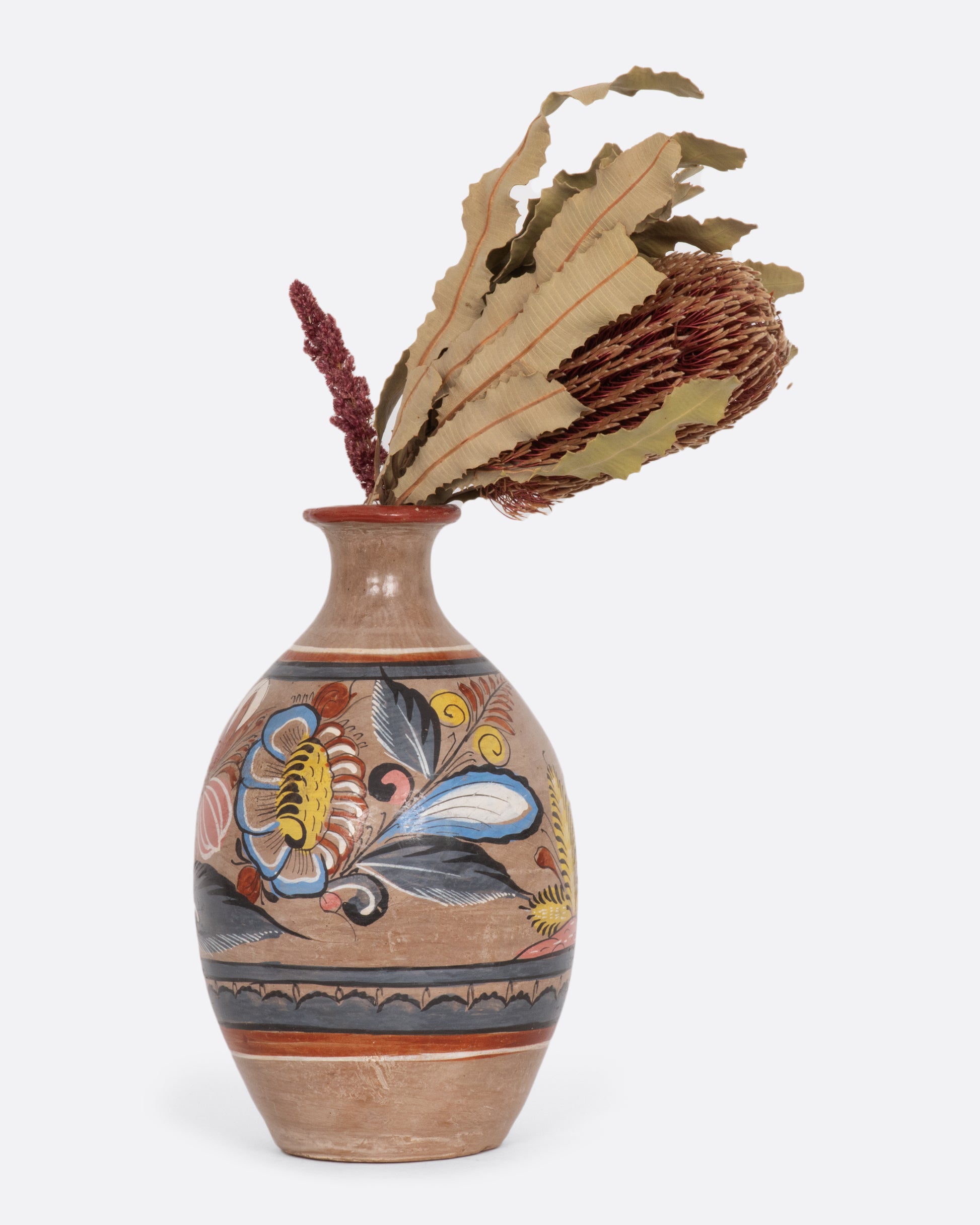 Mexican cceramic tonala vase with painted flowers and owl. View of the flowers.